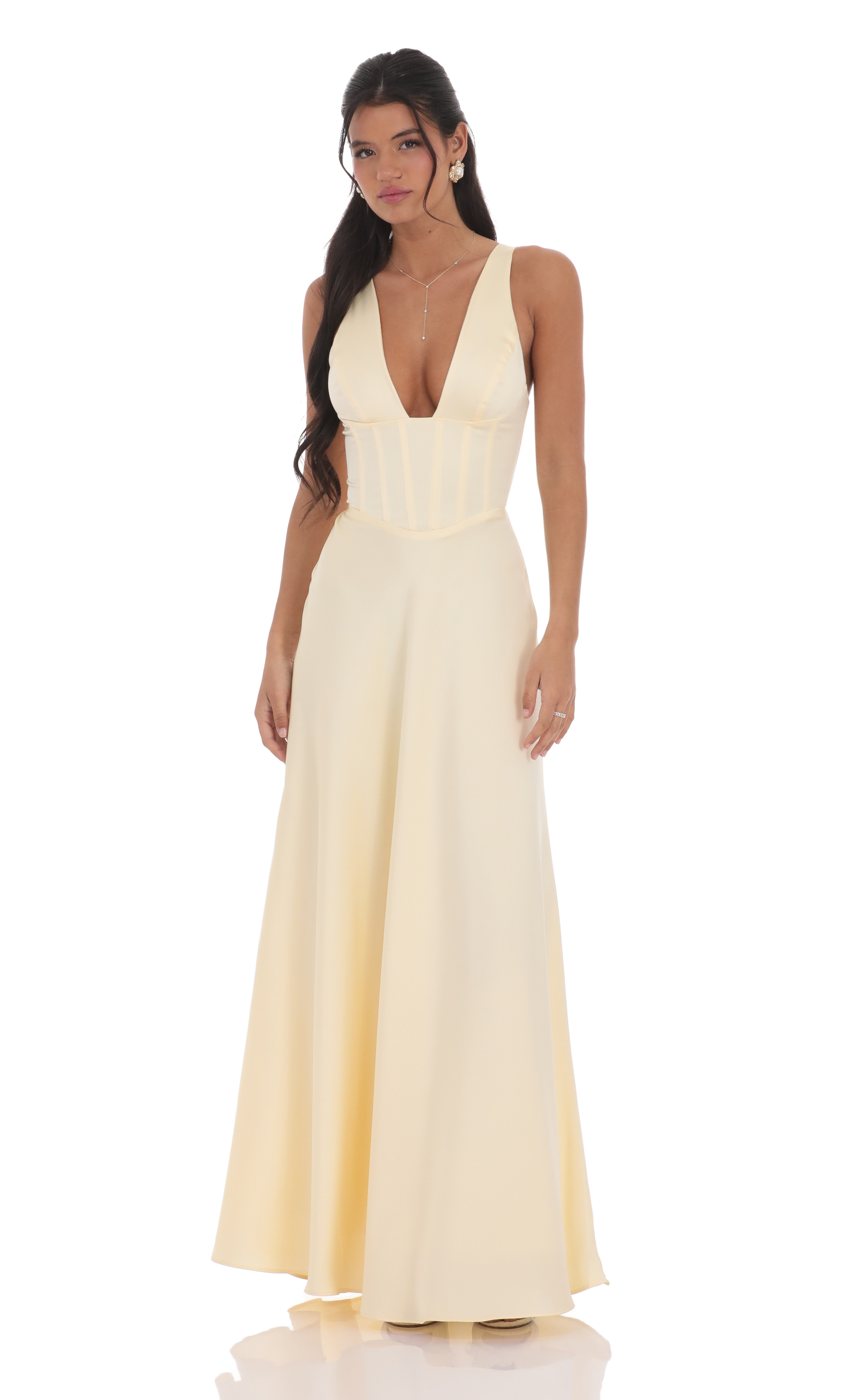 Satin Plunge Neck Corset Maxi Dress in Yellow-My Sky Diva