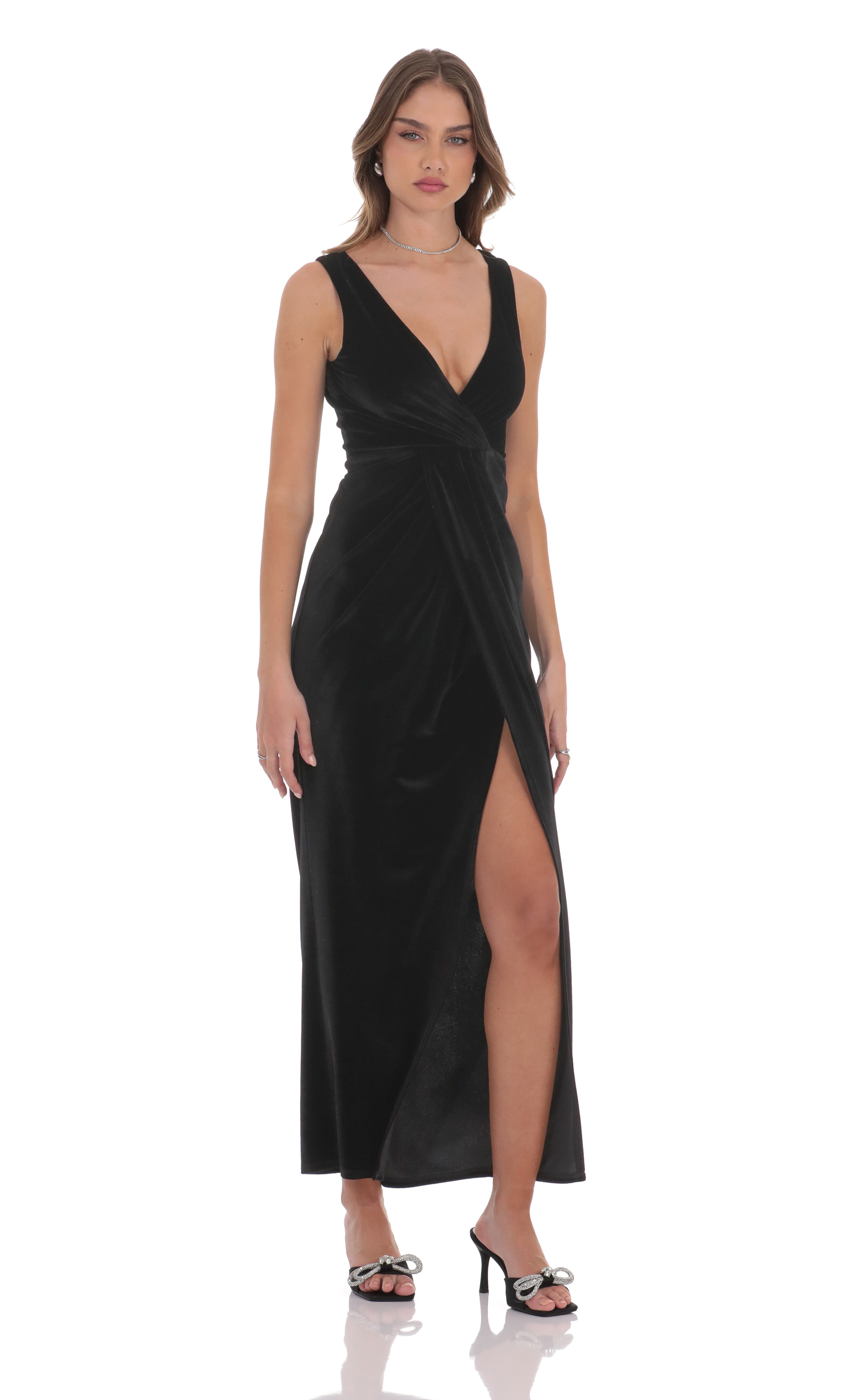 Velvet V-Neck Slit Maxi Dress in Black-My Sky Diva