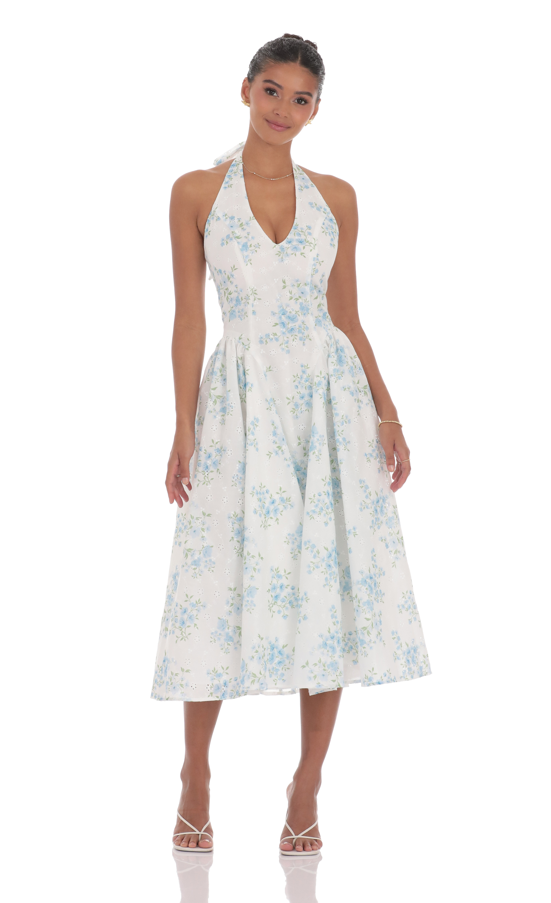 Floral V-Neck Midi Dress in White-My Sky Diva
