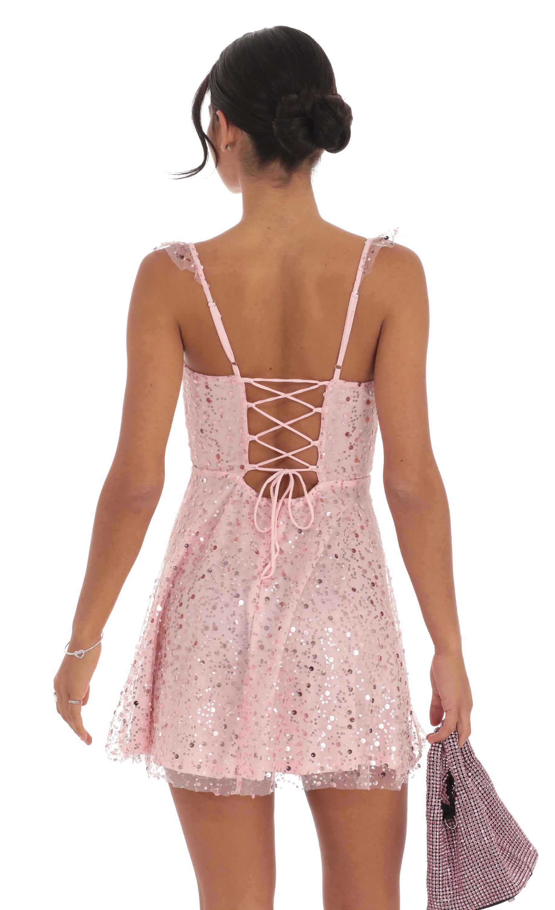 Sequin Ruffle Strap A-Line Dress in Pink-My Sky Diva
