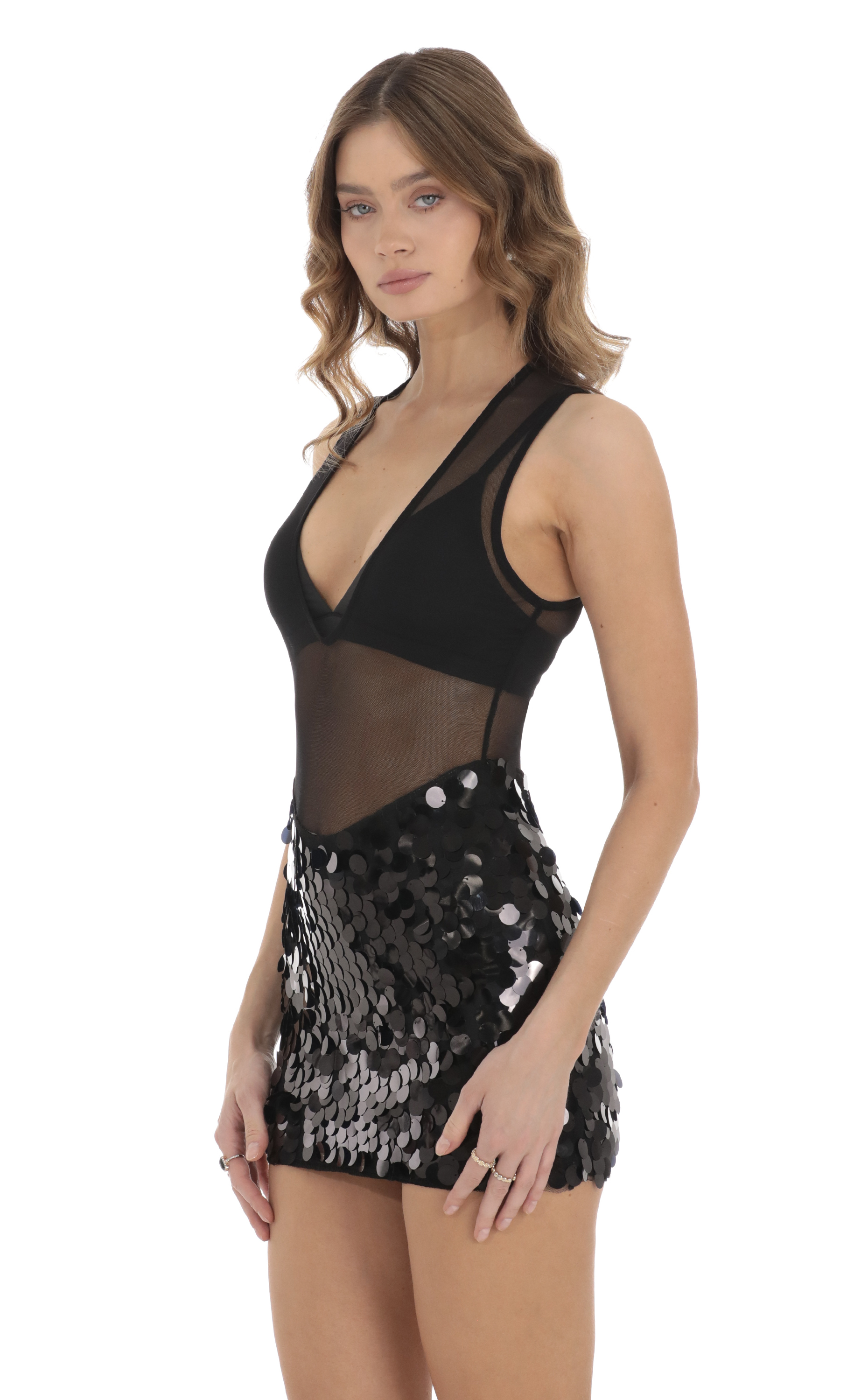Mesh Sequin Skirt Dress in Black-My Sky Diva