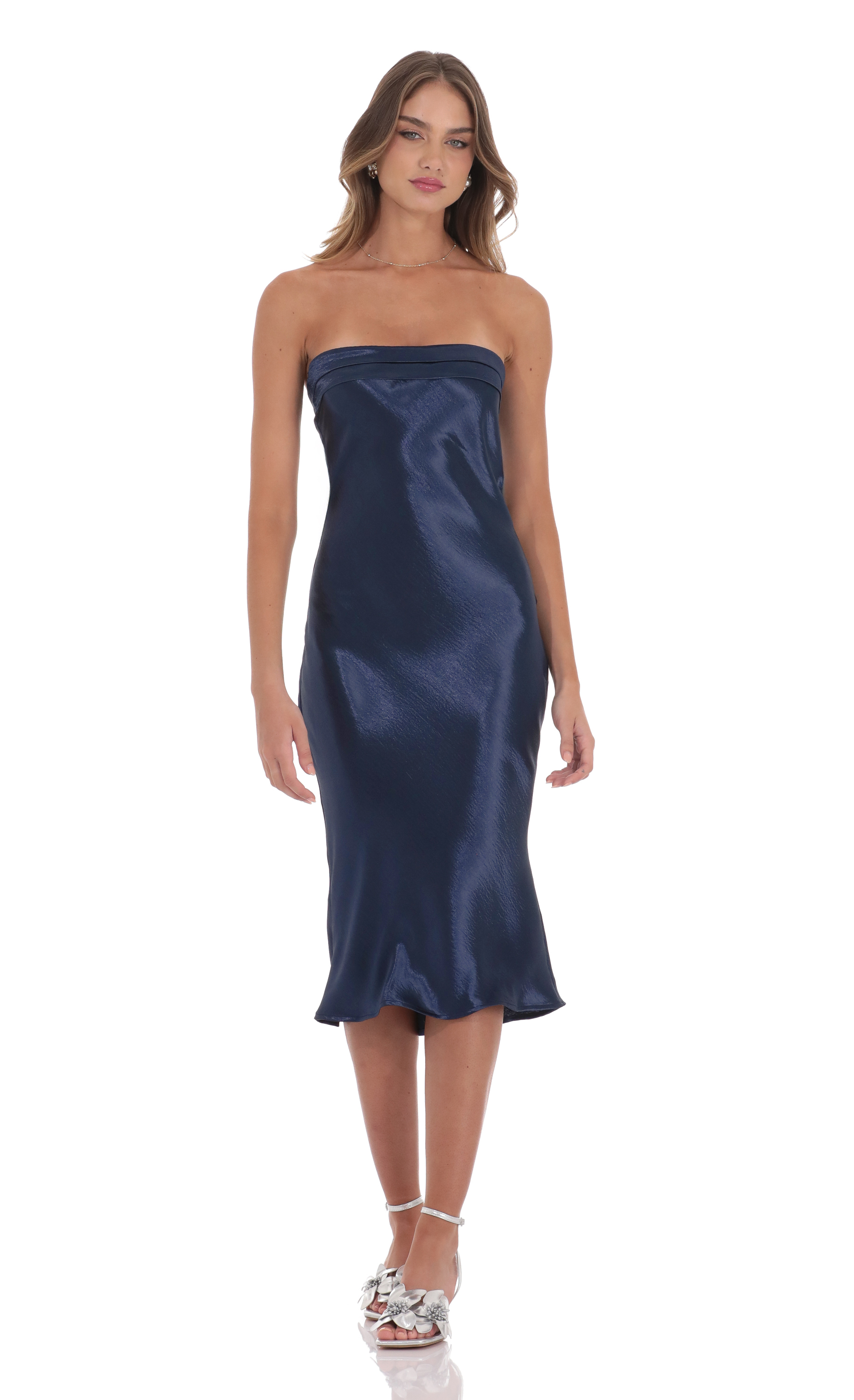 Strapless Satin Open Back Midi Dress in Navy-My Sky Diva
