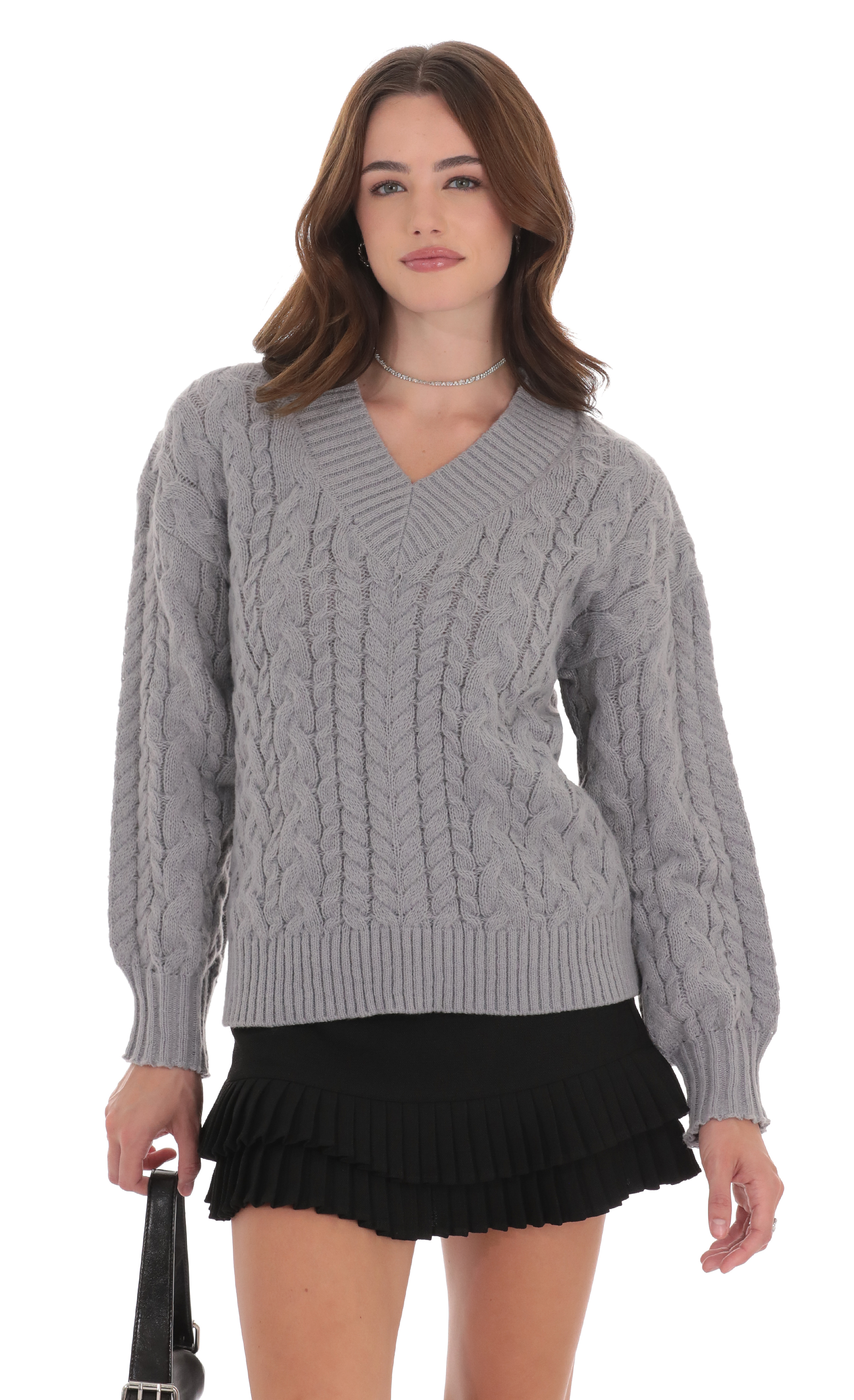 Cable Knit V-Neck Jumper in Grey-My Sky Diva