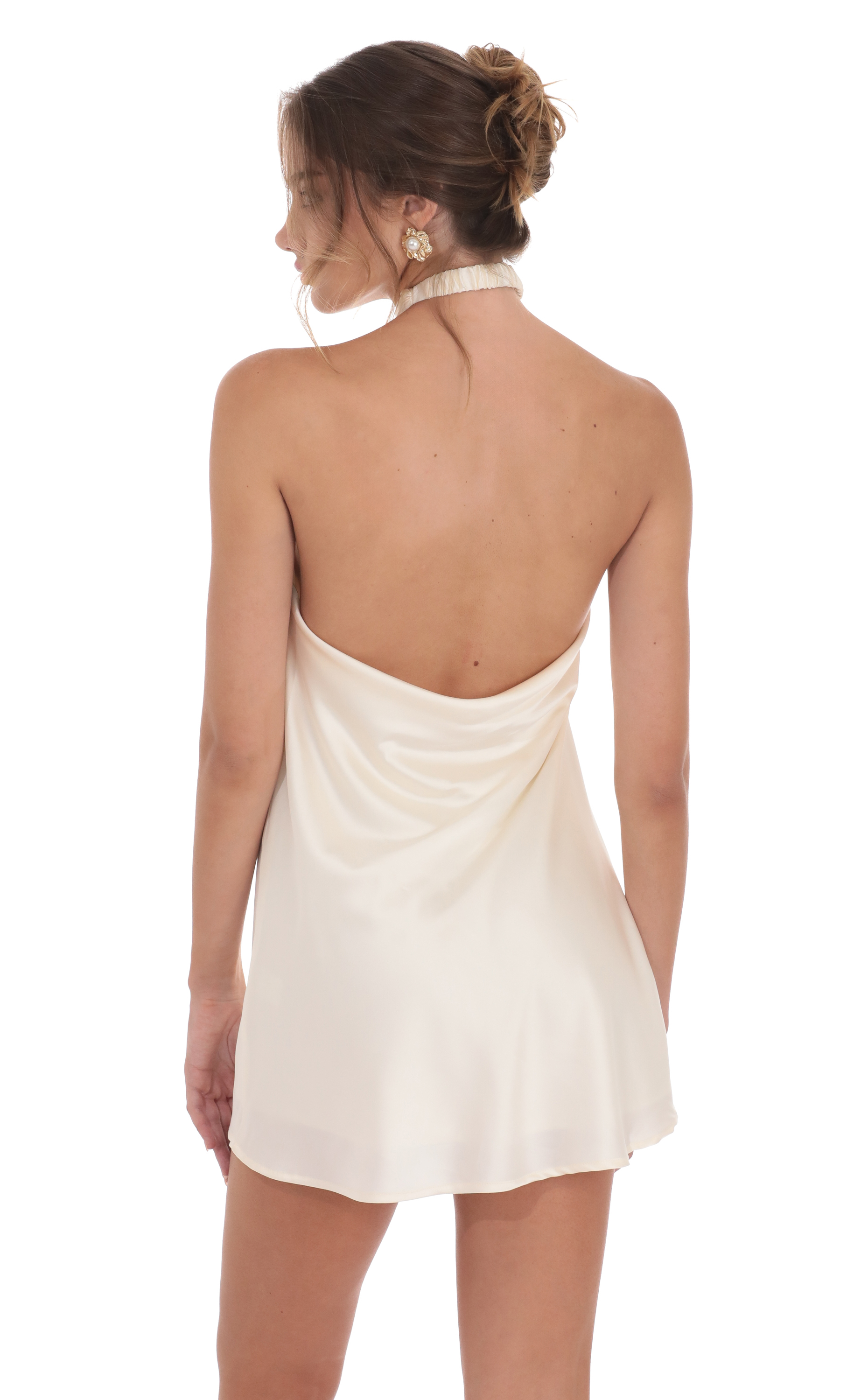 Satin Cross Halter Dress in Cream-My Sky Diva
