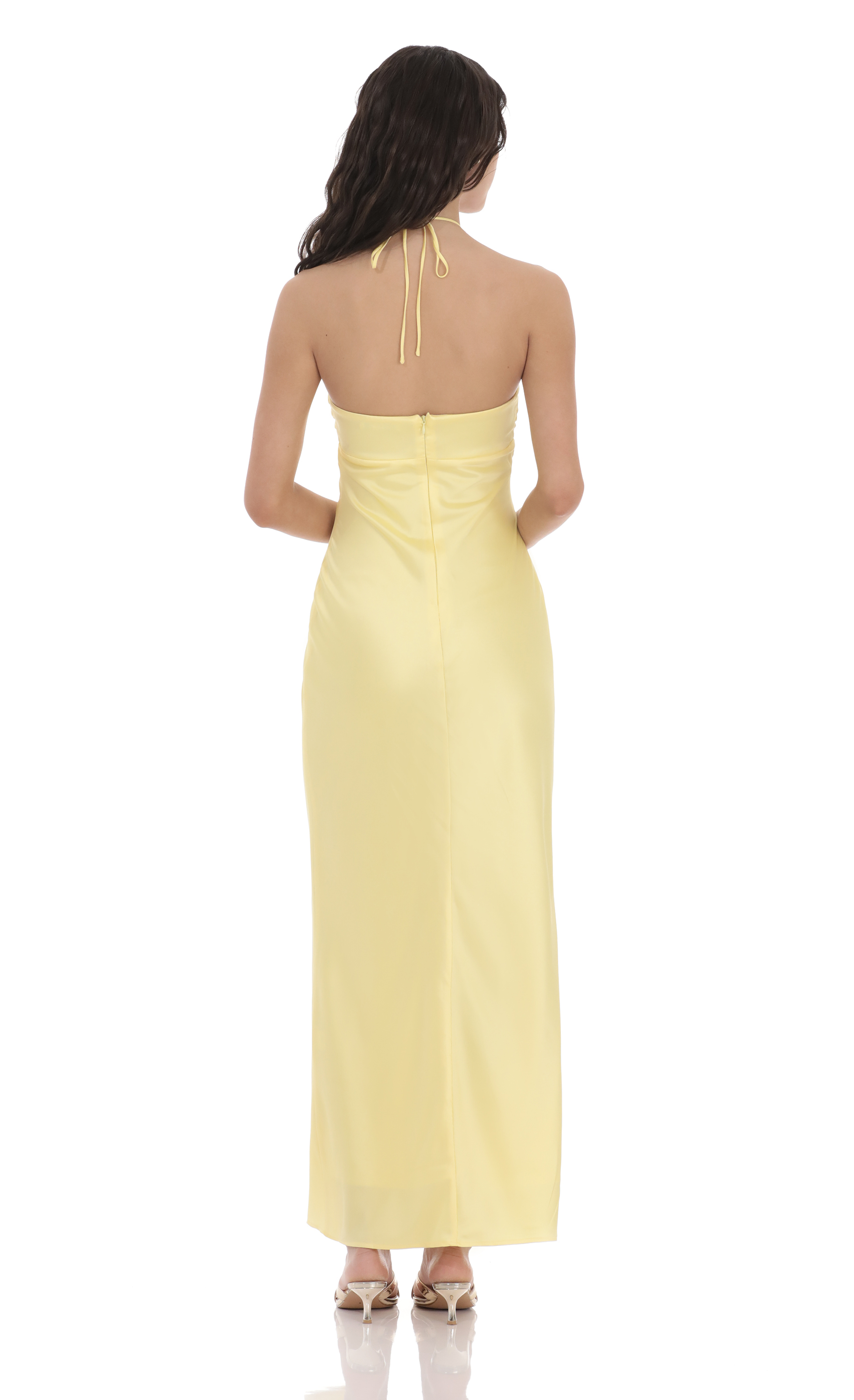 Satin Halter Flower Maxi Dress in Yellow-My Sky Diva