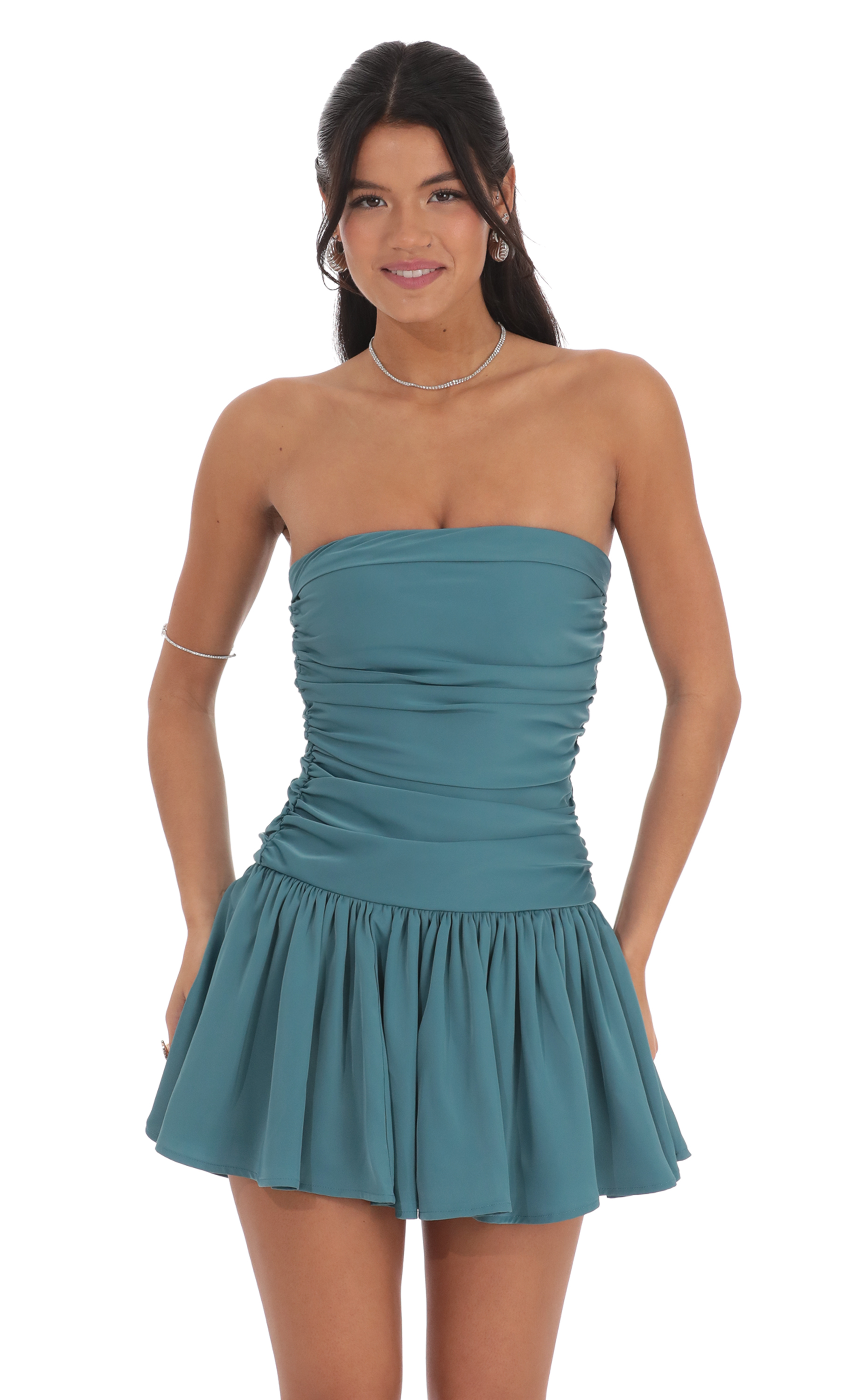 Strapless Ruched Flare Dress in Blue Teal-My Sky Diva