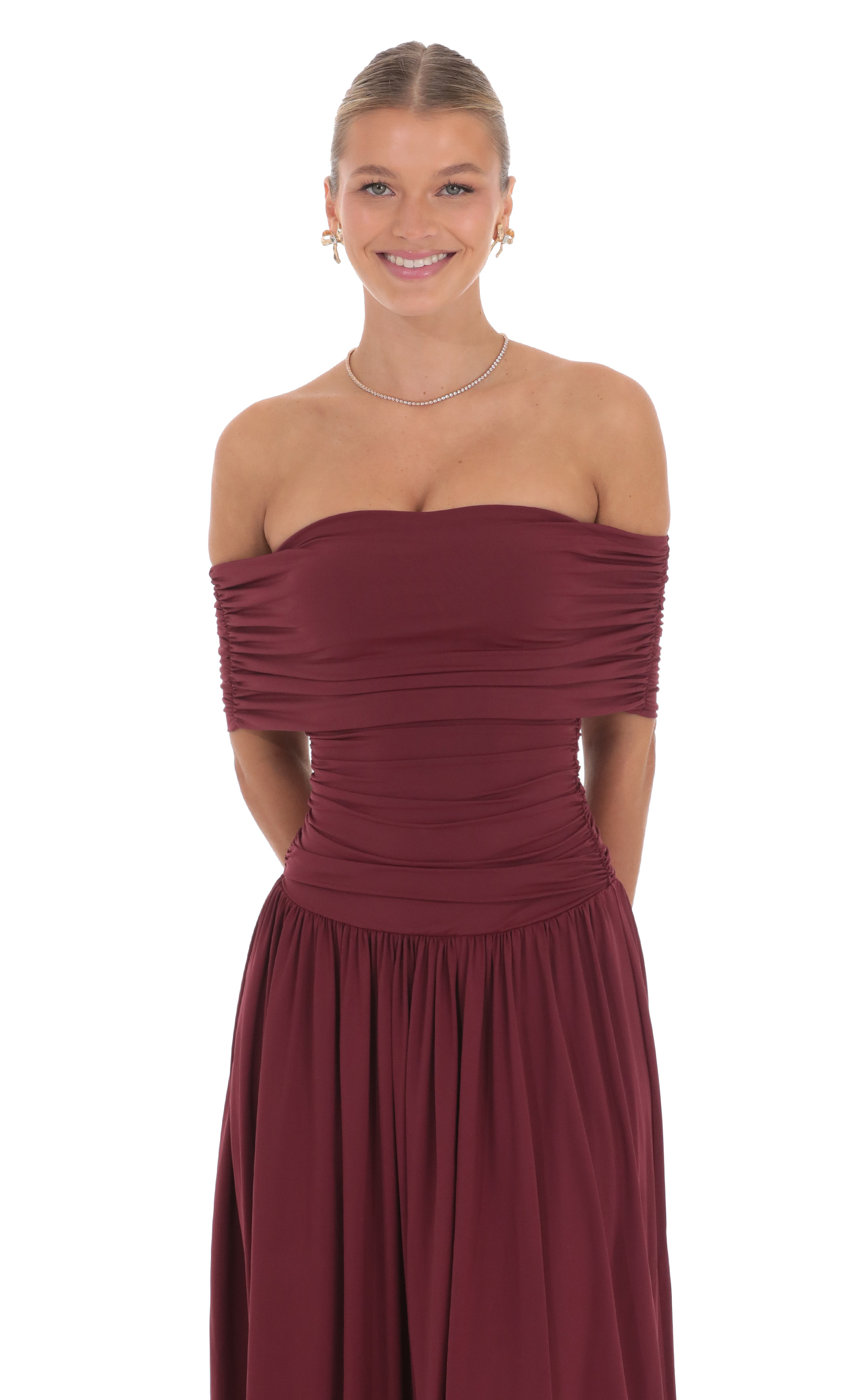 Off Shoulder Drop Waist Maxi Dress in Burgundy-My Sky Diva