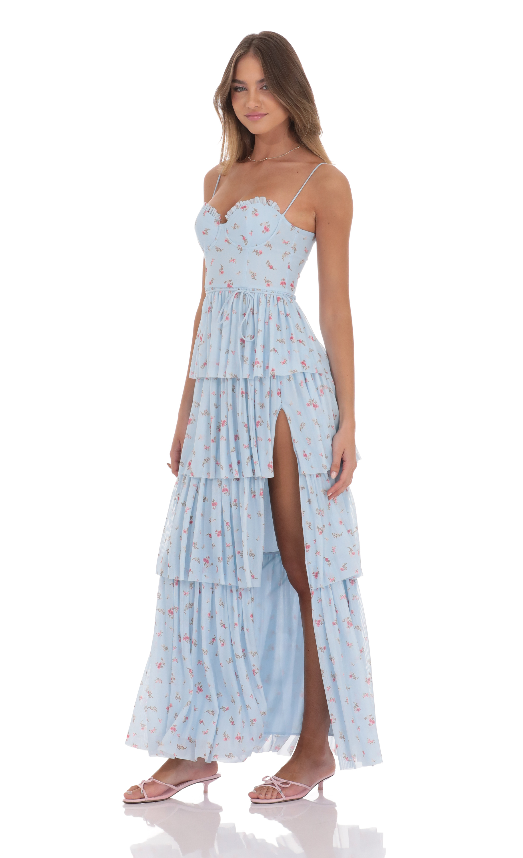 Floral Mesh Ruffle Maxi Dress in Blue-My Sky Diva