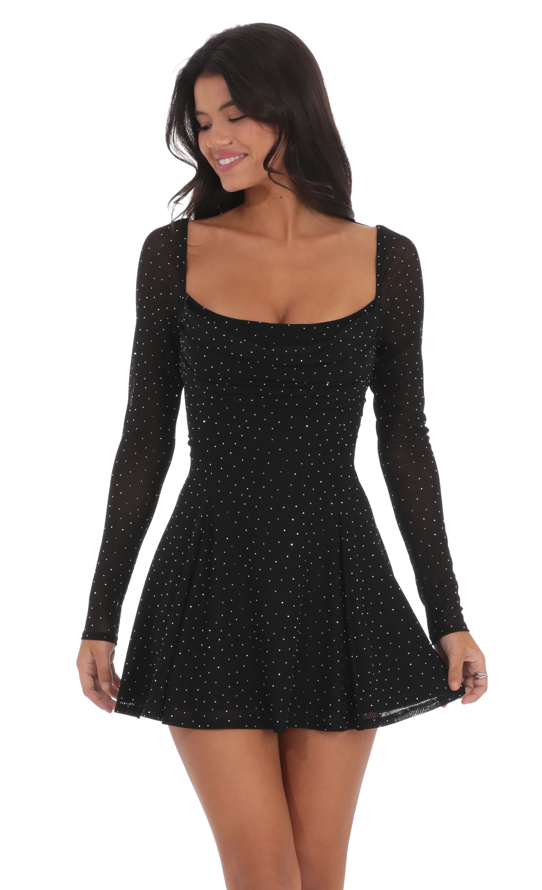 Rhinestone Draped Fit and Flare Dress in Black-My Sky Diva