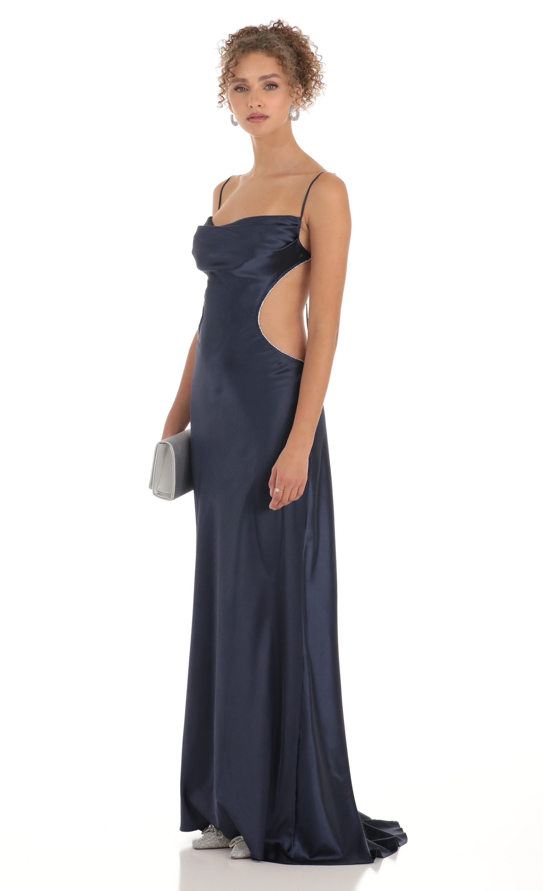 Satin Rhinestone Maxi Dress in Navy-My Sky Diva