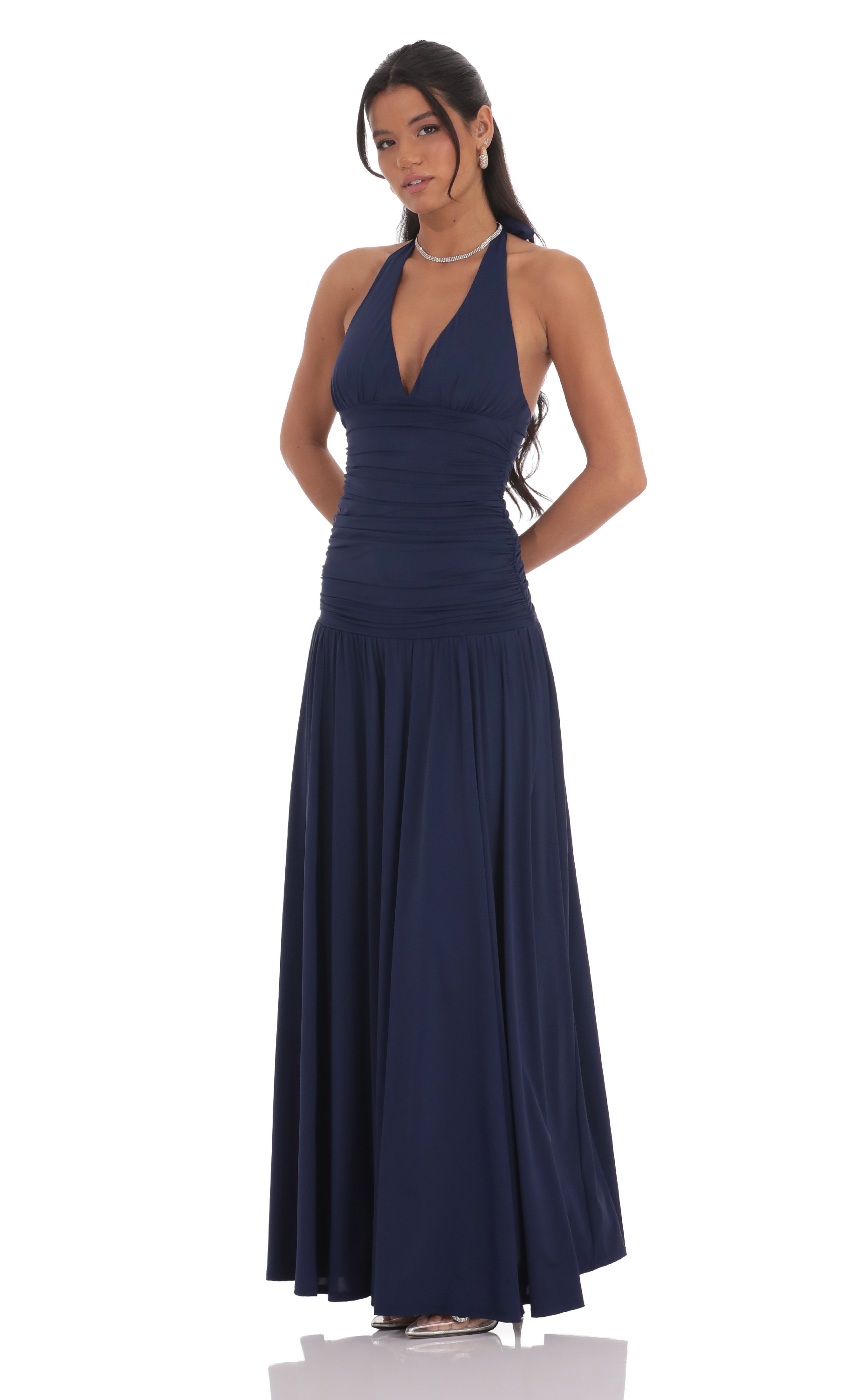 Halter Drop Waist Maxi Dress in Navy-My Sky Diva