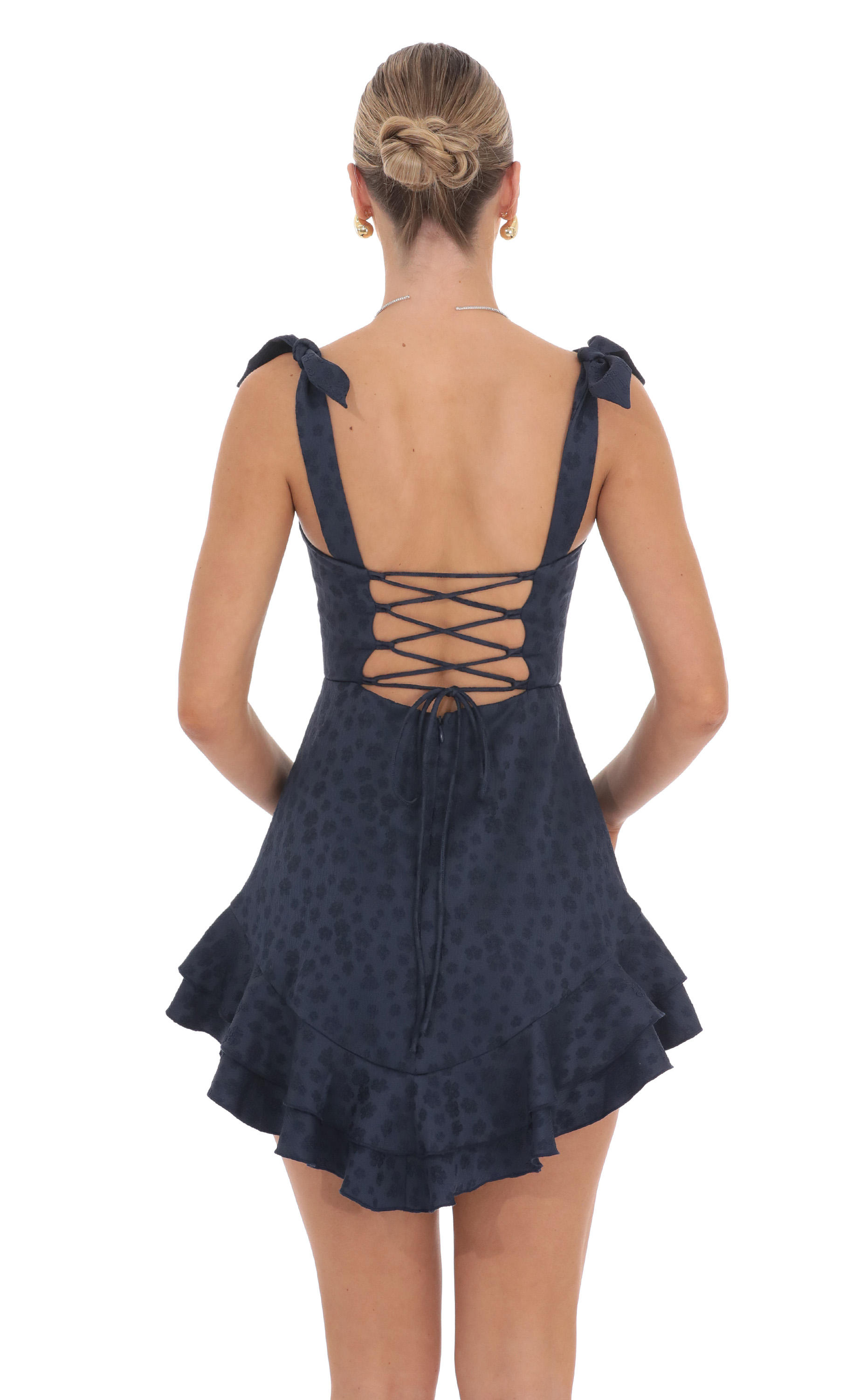 Floral Jacquard Ruffle A-line Dress in Navy-My Sky Diva