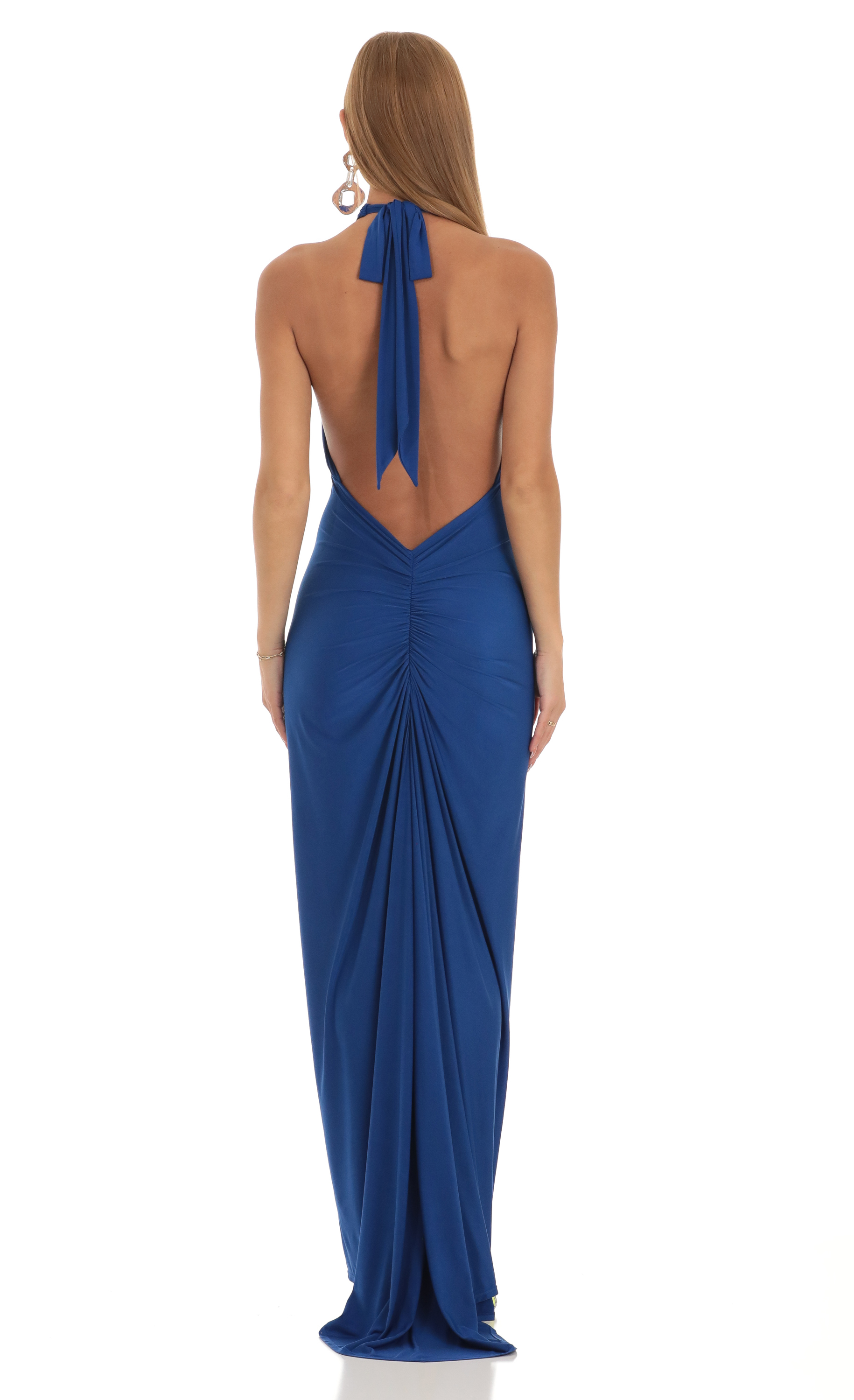 Front Cross Halter Maxi Dress in Blue-My Sky Diva