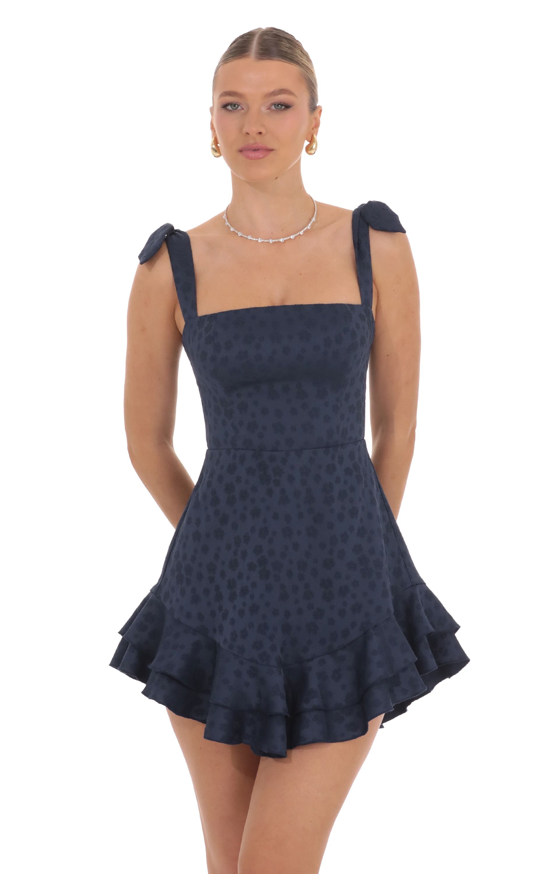 Floral Jacquard Ruffle A-line Dress in Navy-My Sky Diva
