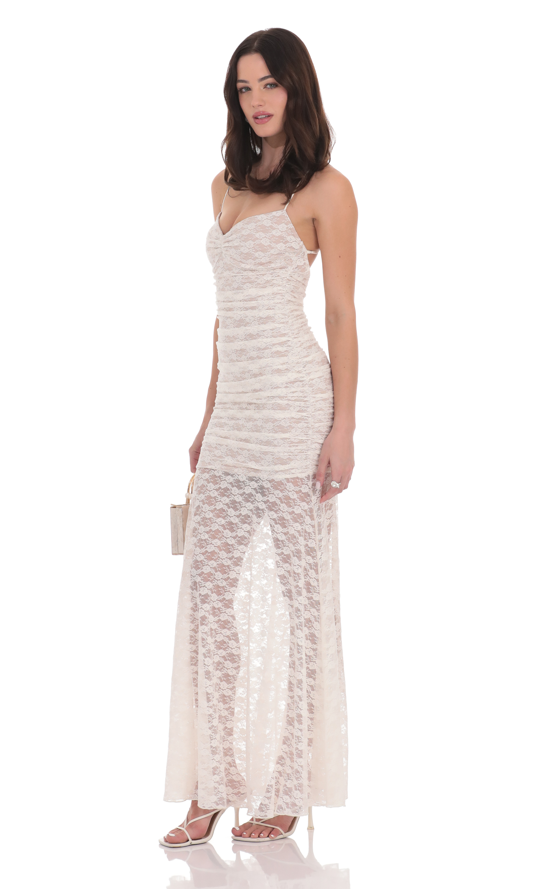 Lace Ruched Mermaid Dress in White-My Sky Diva