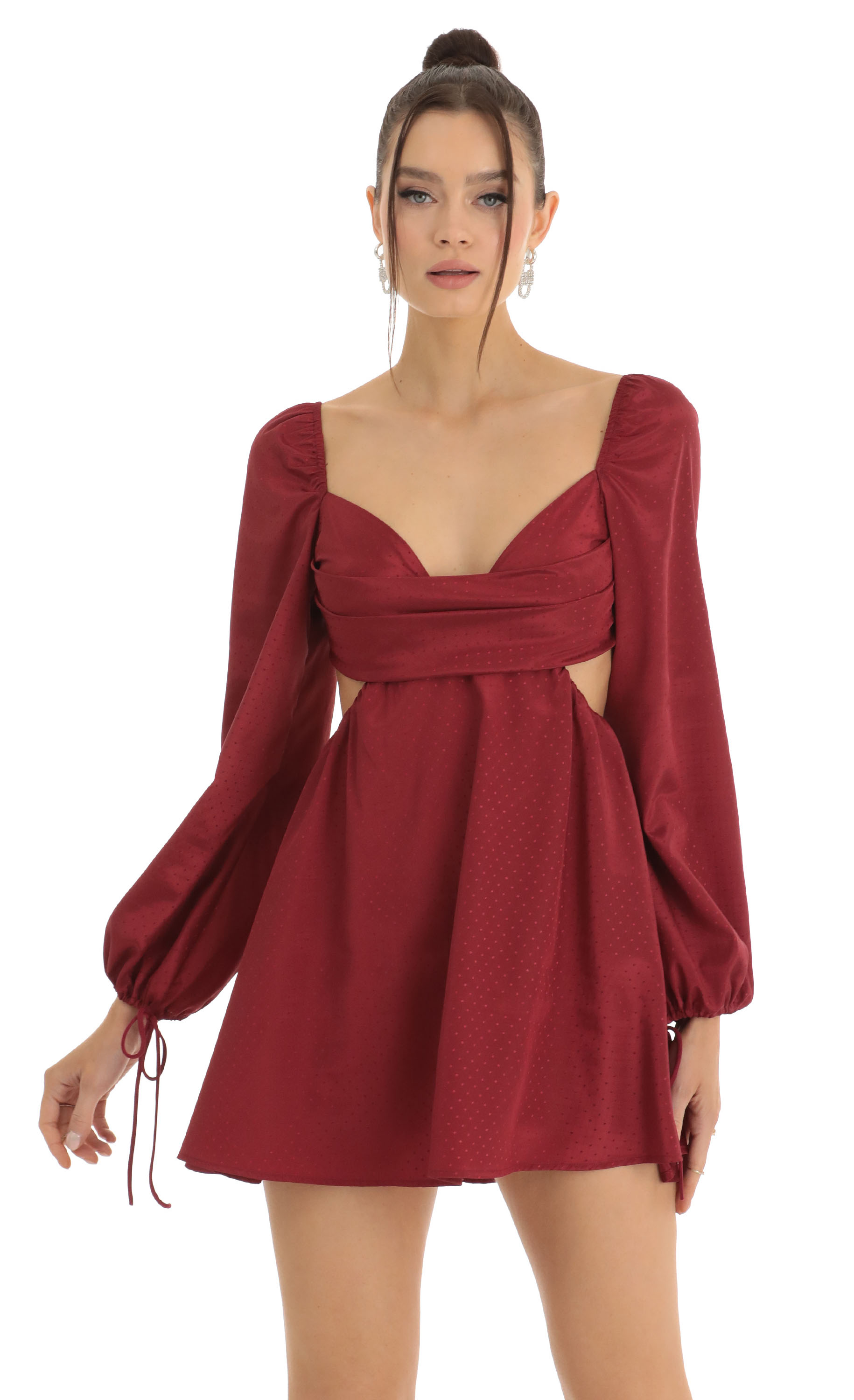 CutOut Long Sleeve Fit and Flare Dress in Red-My Sky Diva
