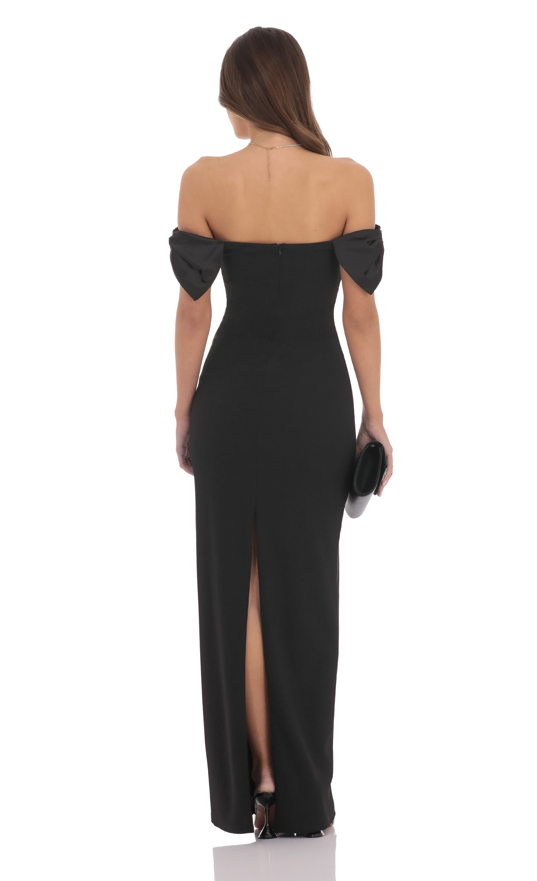 Off Shoulder Bow Sleeve Maxi Dress in Black-My Sky Diva