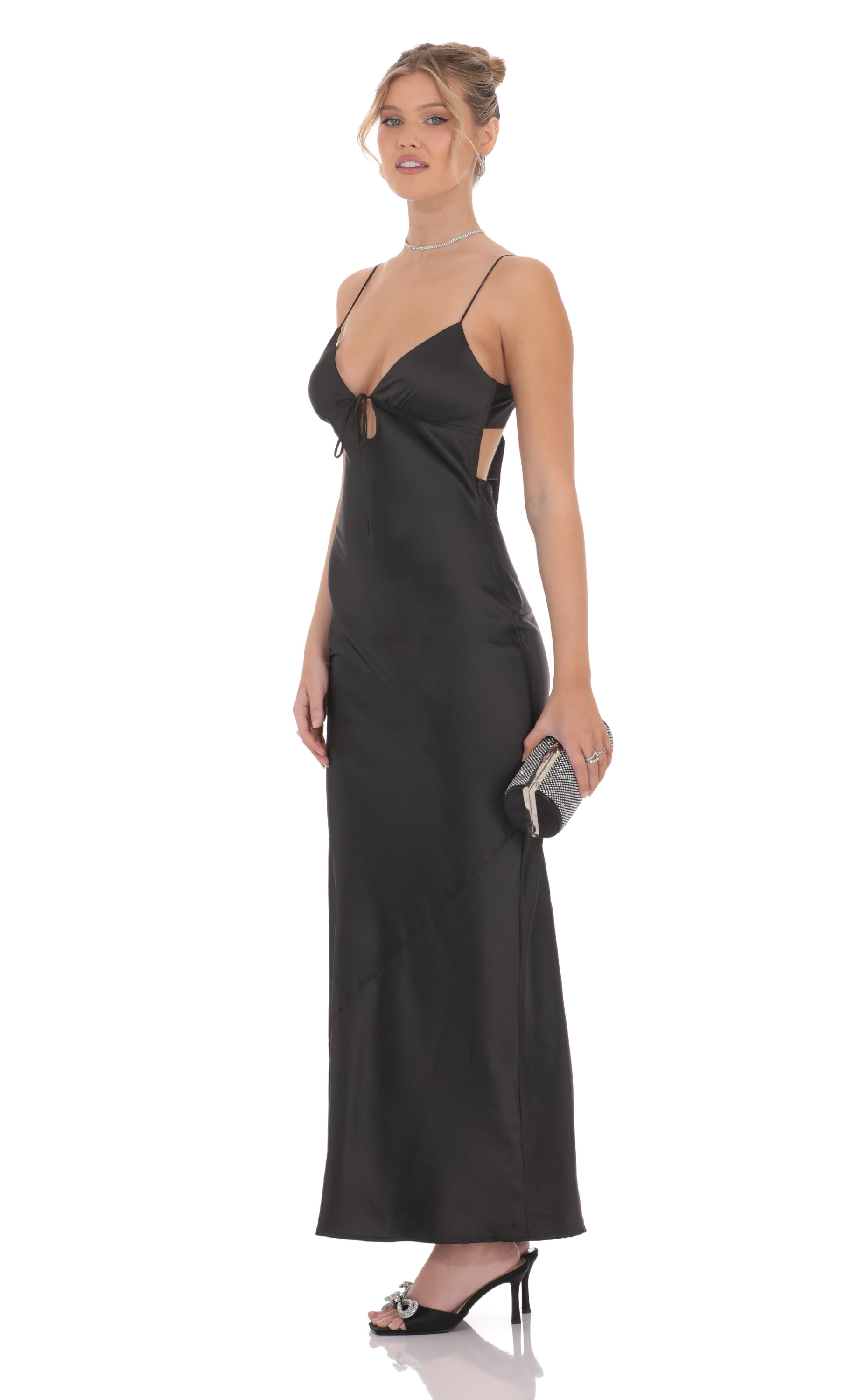 Satin Back Tie Maxi Dress in Black-My Sky Diva