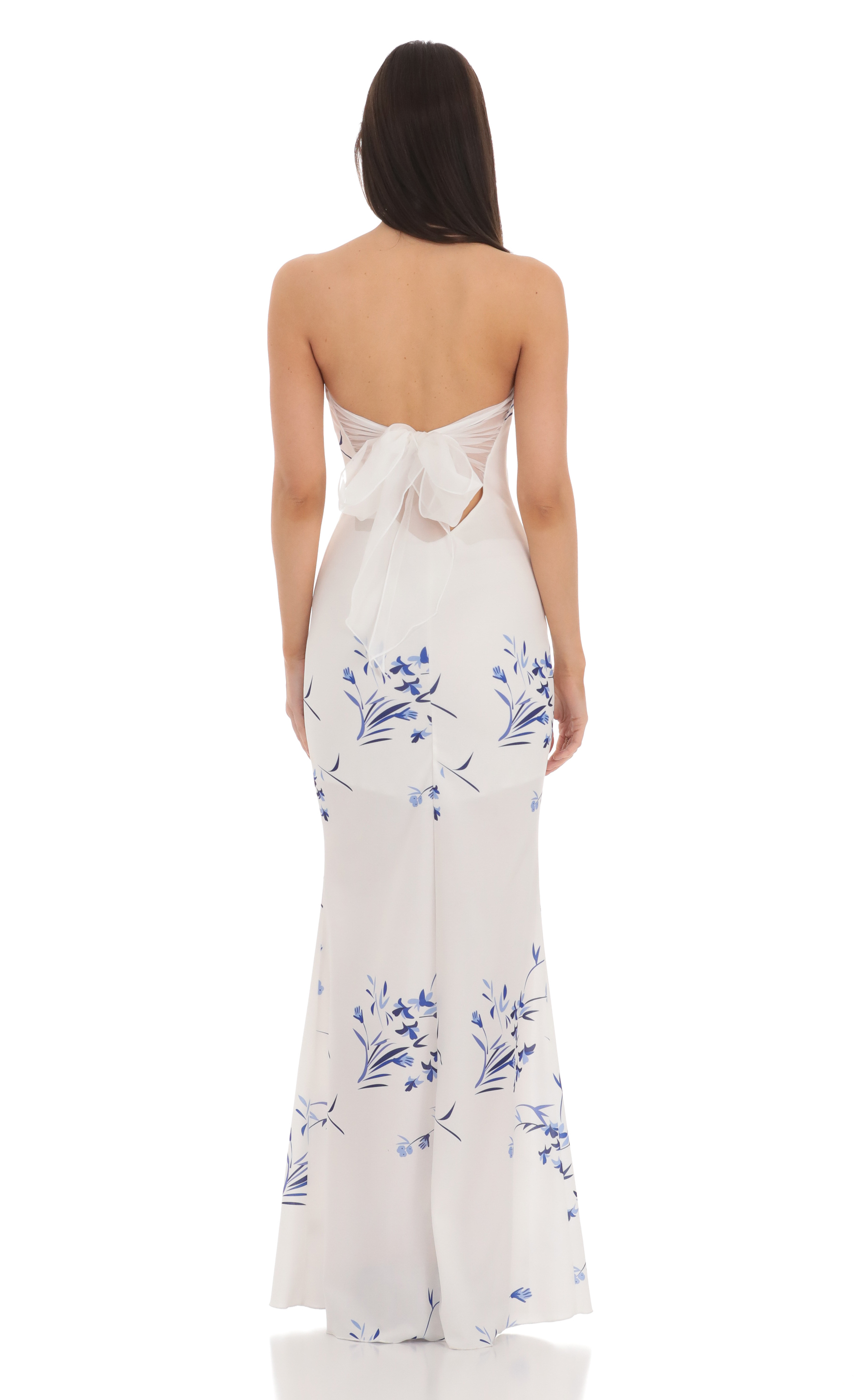 Floral Back Bow Strapless Maxi Dress in White-My Sky Diva