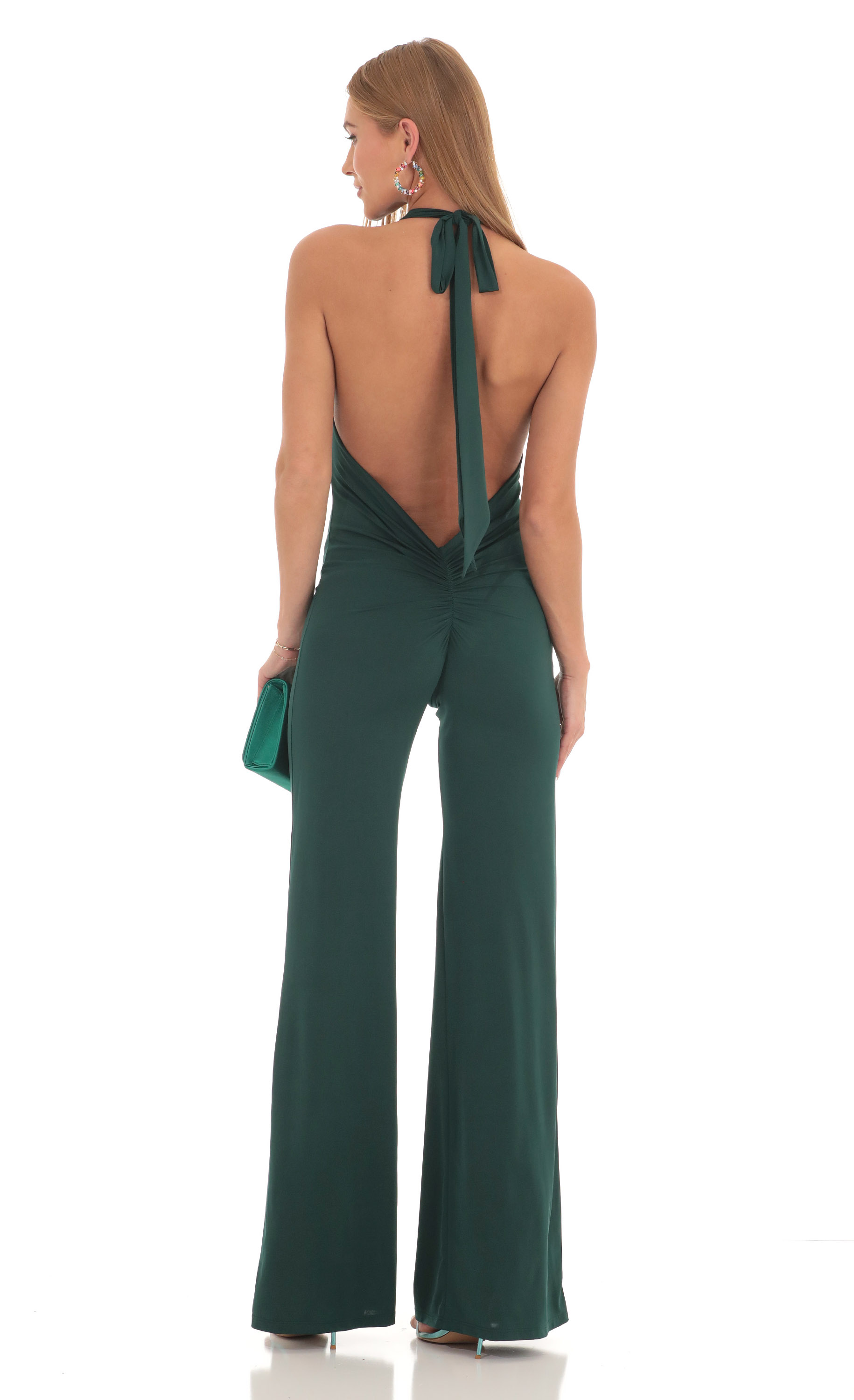 Drape Open Back Jumpsuit in Dark Green-My Sky Diva