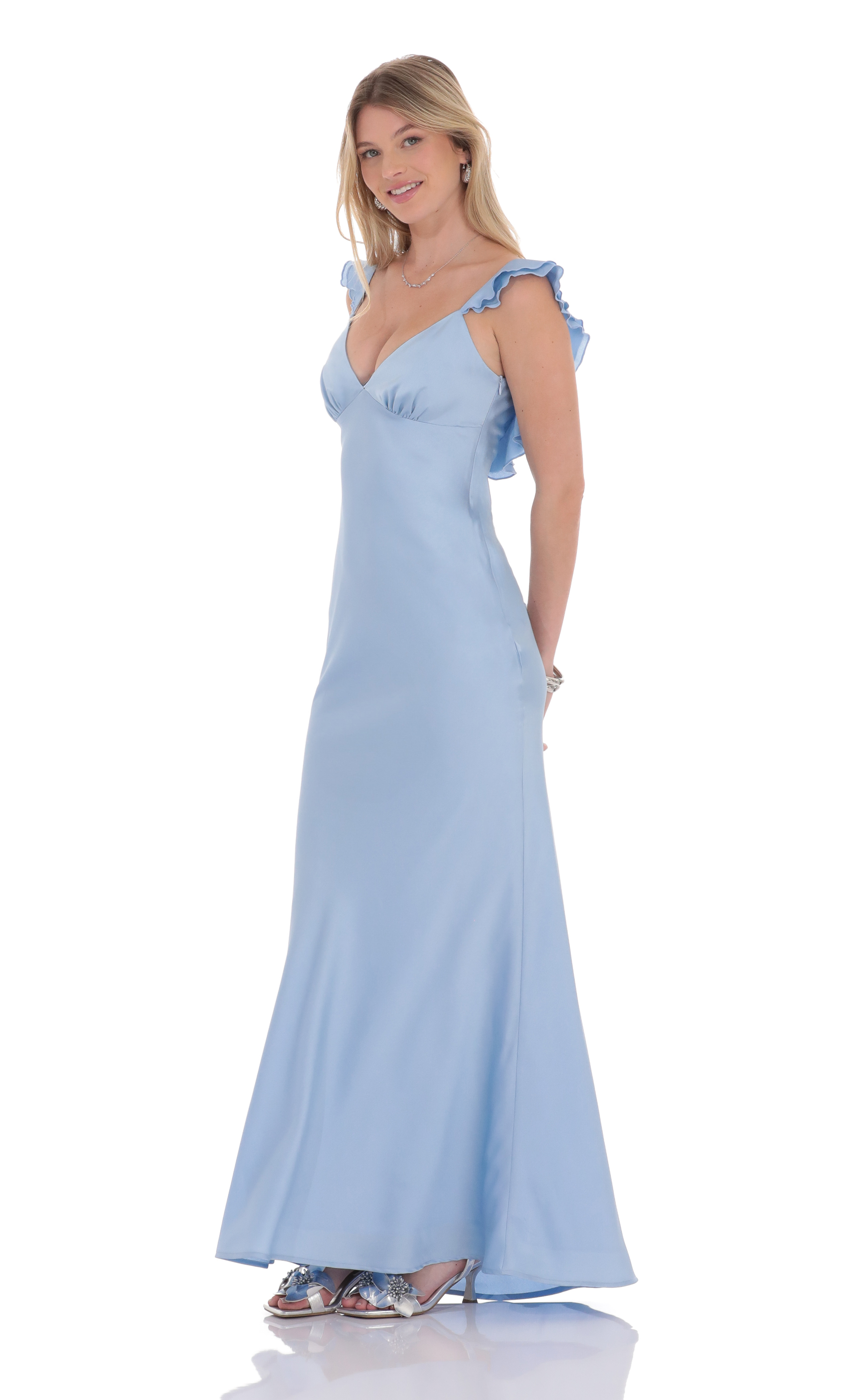 Satin Ruffle Open Maxi Dress in Light Blue-My Sky Diva