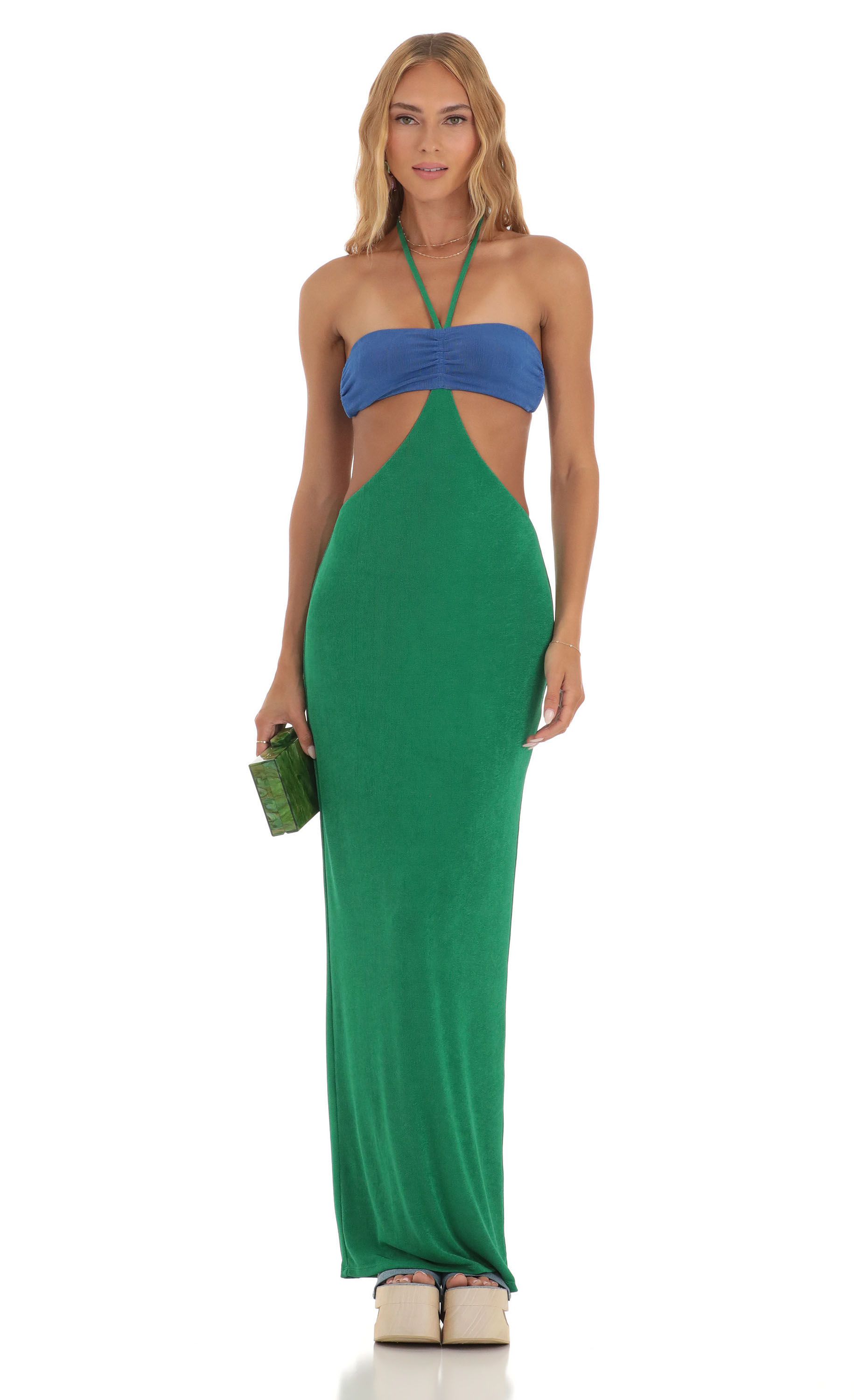 Two Toned Cutout Maxi Dress in Blue and Green-My Sky Diva