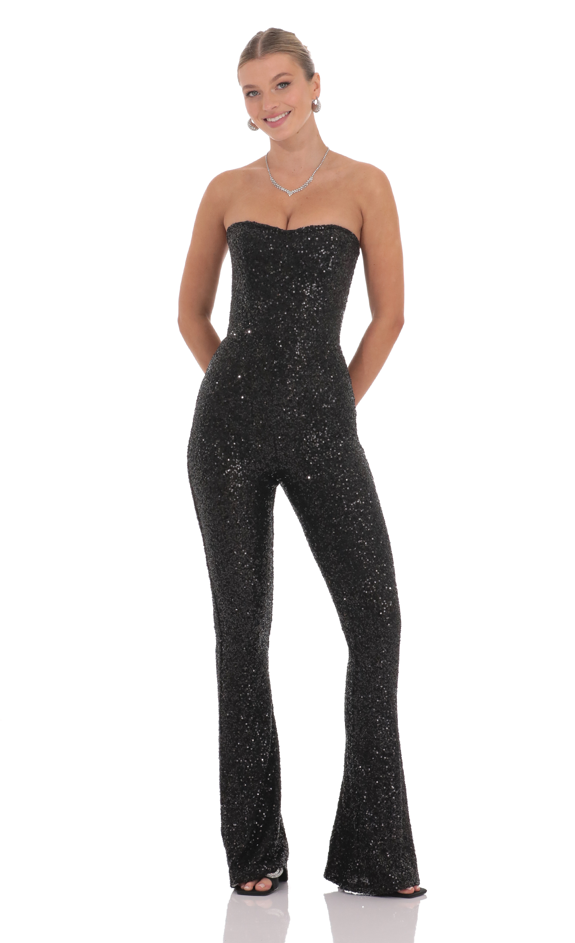 Sequin Strapless Corset Jumpsuit in Black-My Sky Diva