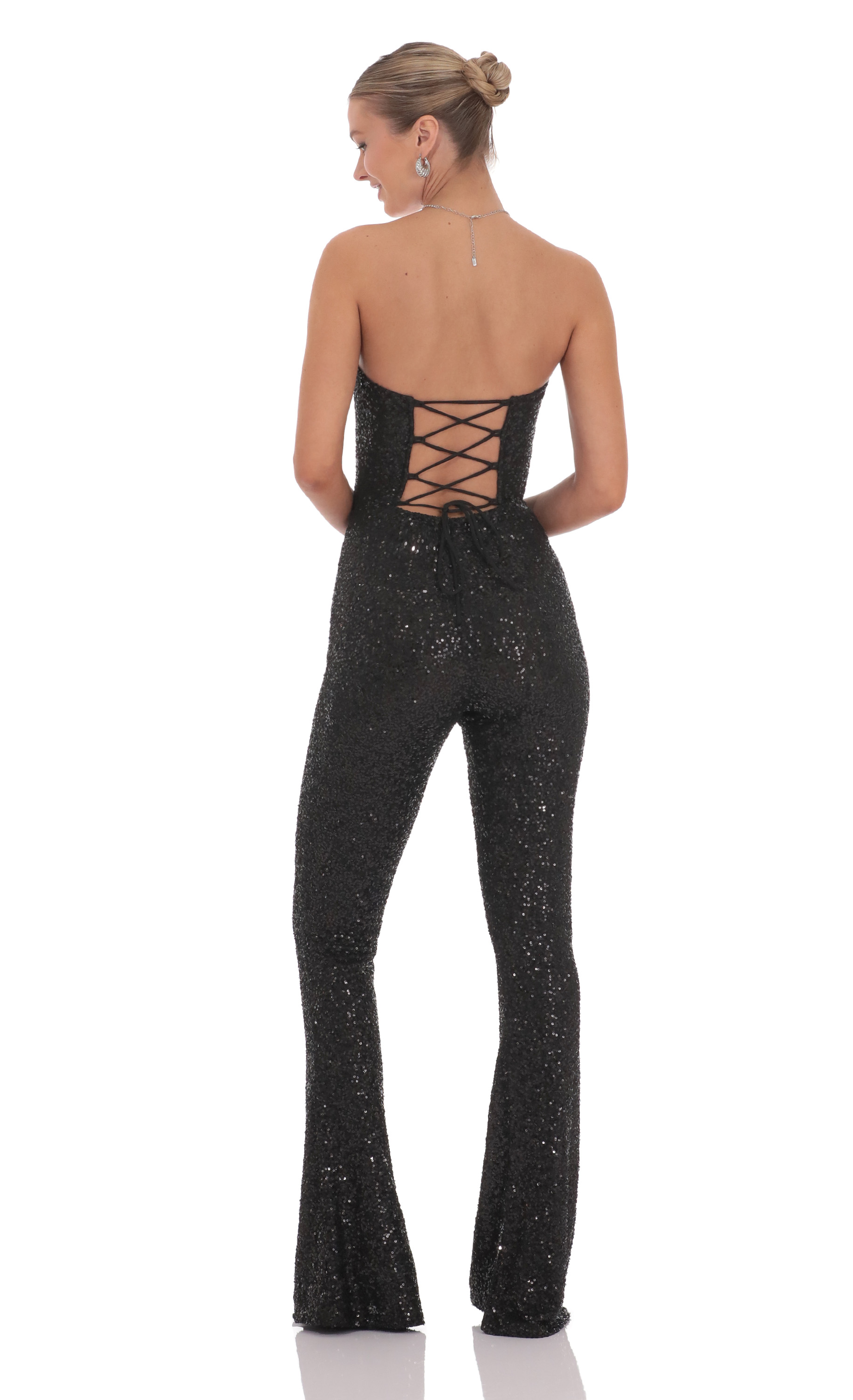 Sequin Strapless Corset Jumpsuit in Black-My Sky Diva