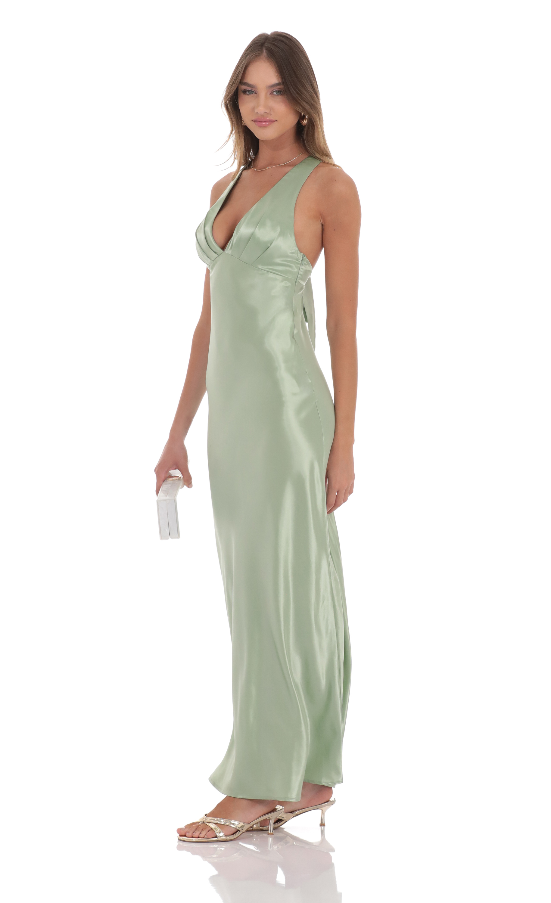 Satin V-Neck Maxi Dress in Sage-My Sky Diva