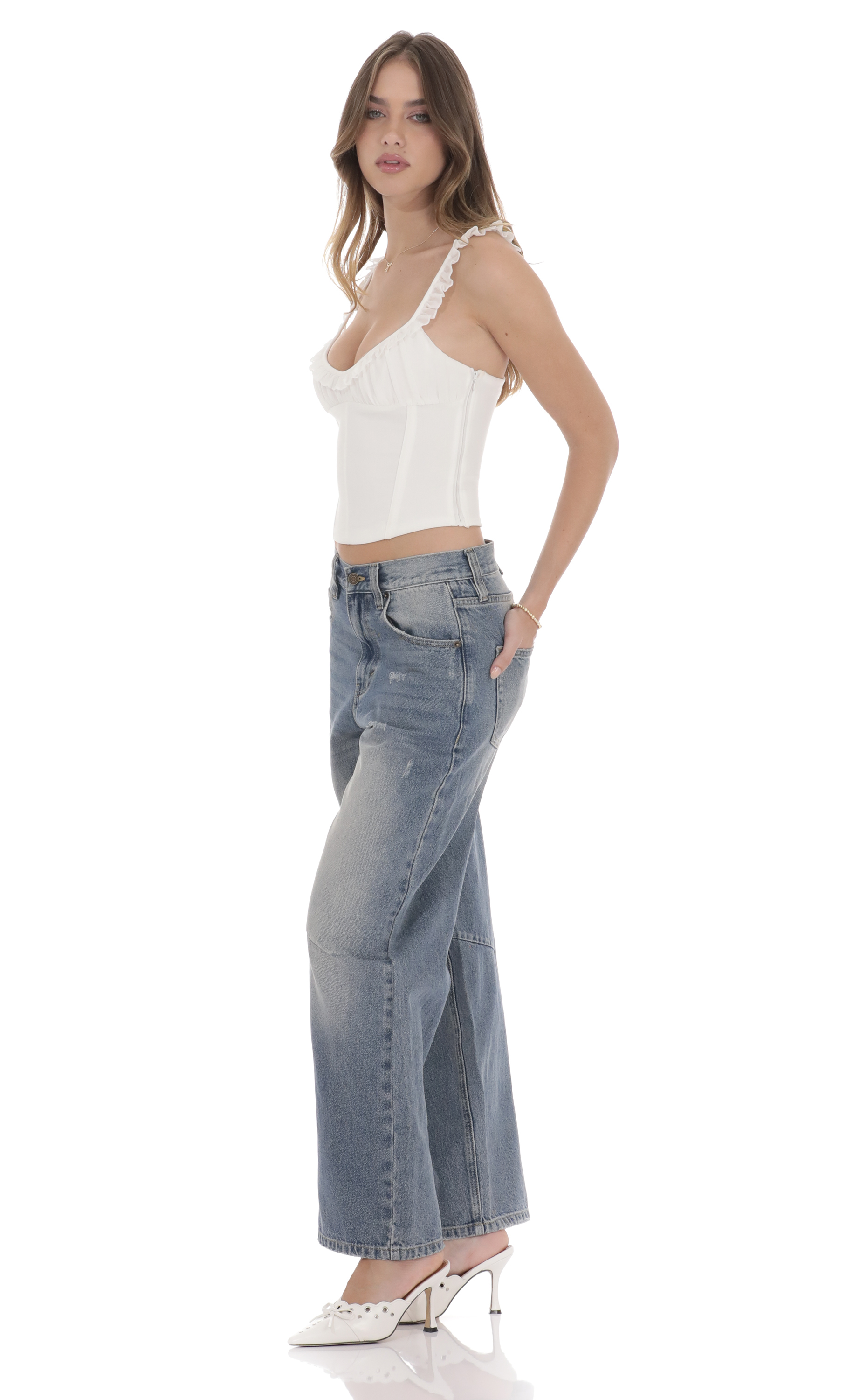 Distress Barrel Jeans in Faded Denim-My Sky Diva