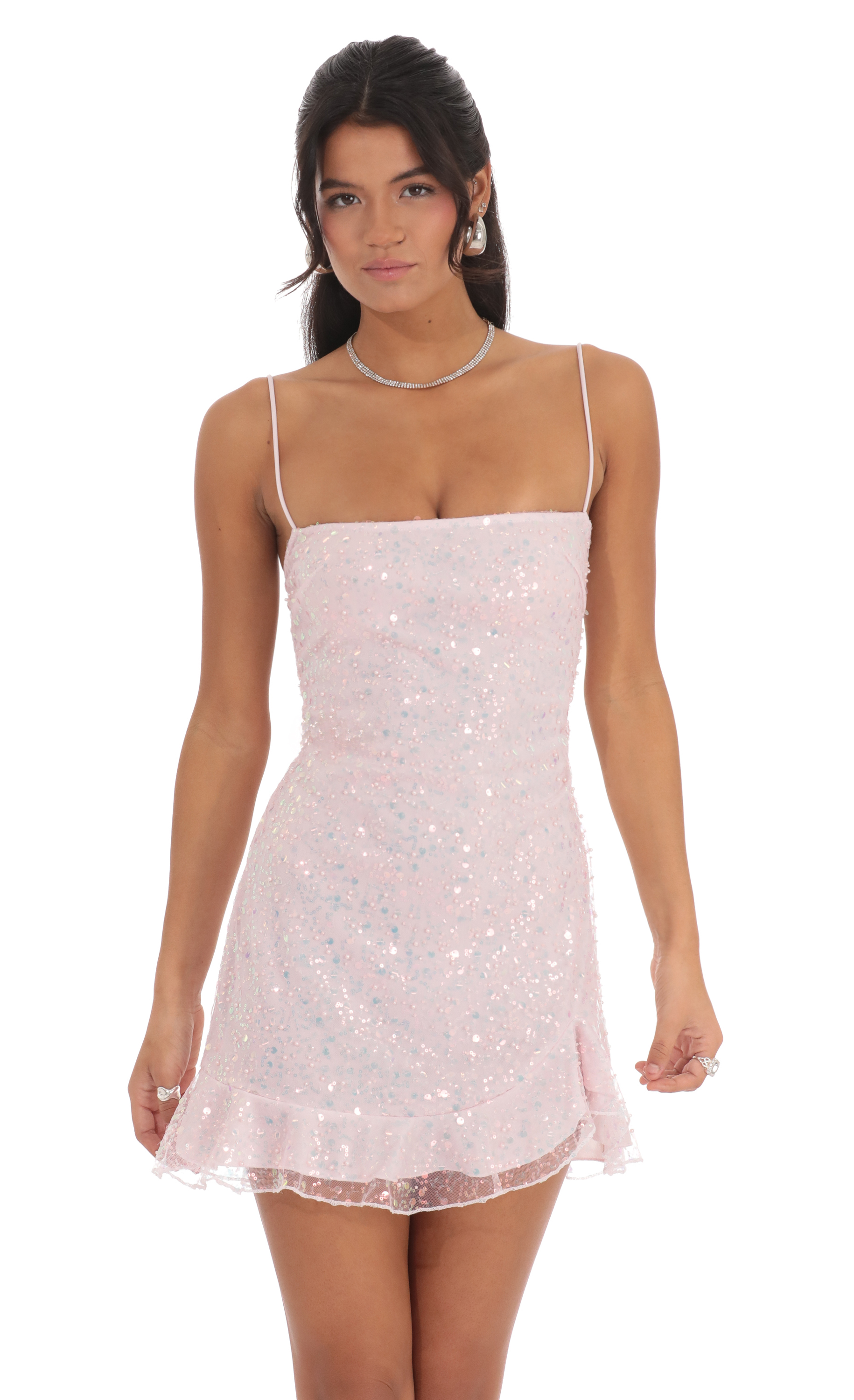Sequin Ruffle Dress in Pale pale Pink-My Sky Diva