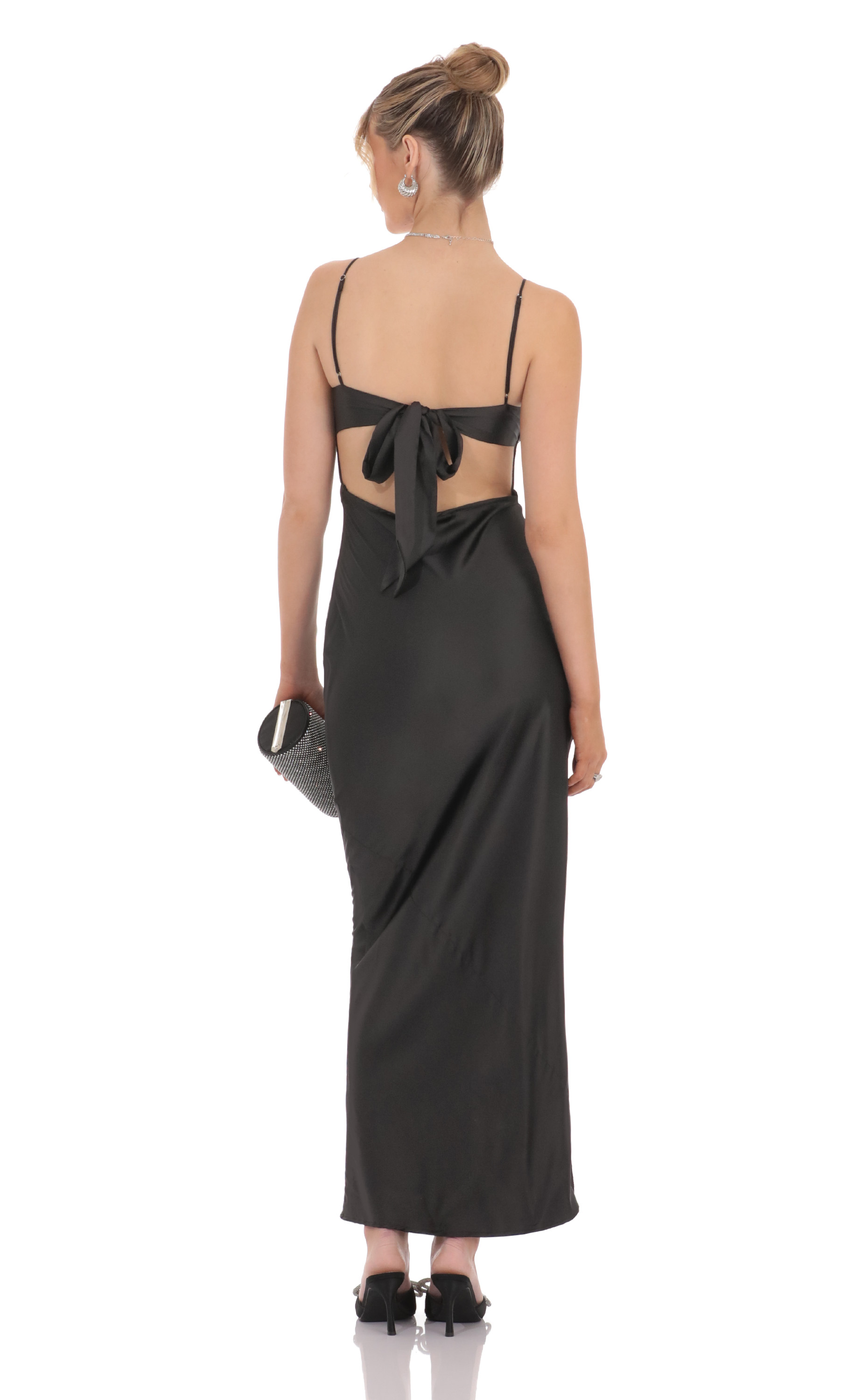 Satin Back Tie Maxi Dress in Black-My Sky Diva