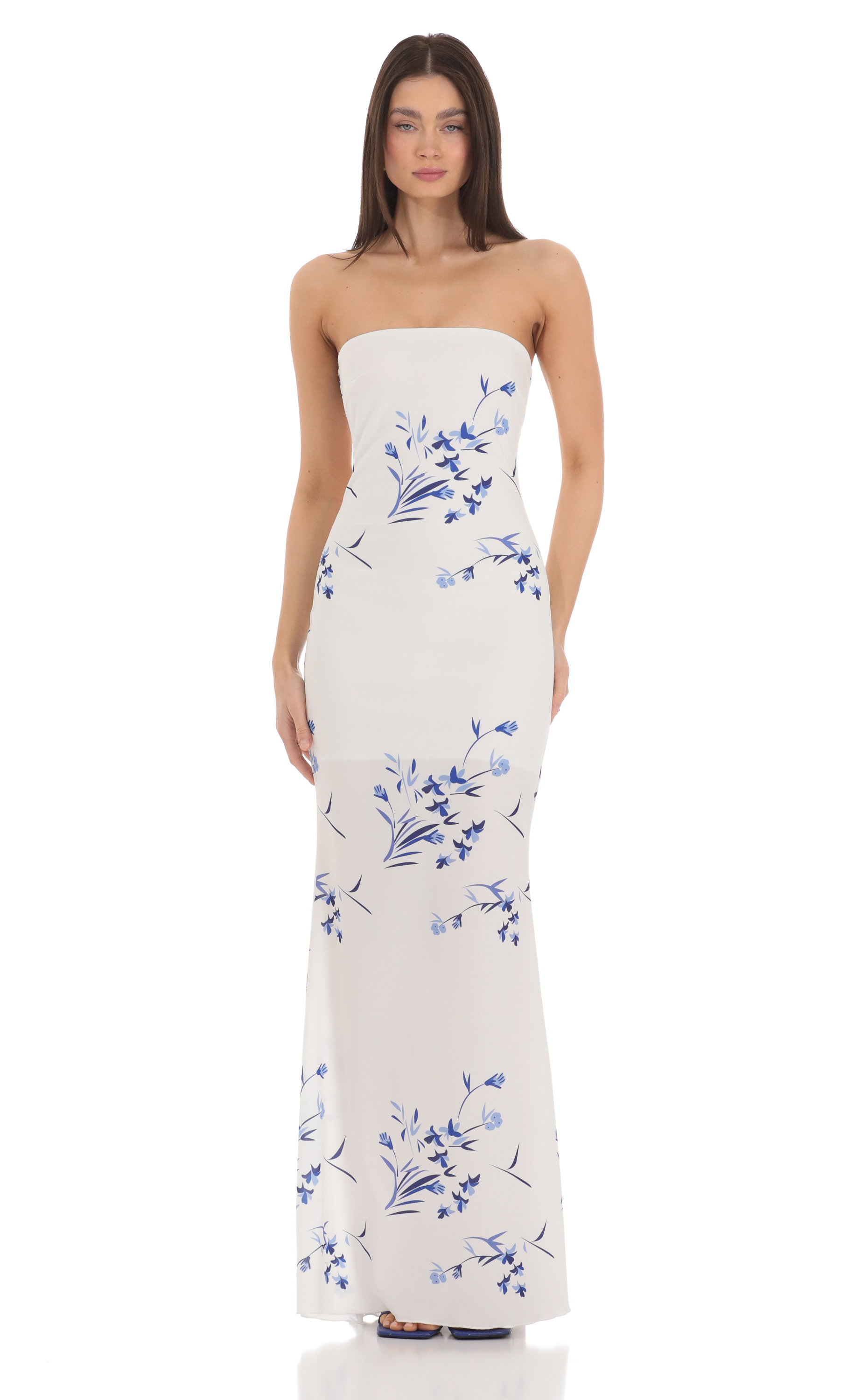 Floral Back Bow Strapless Maxi Dress in White-My Sky Diva