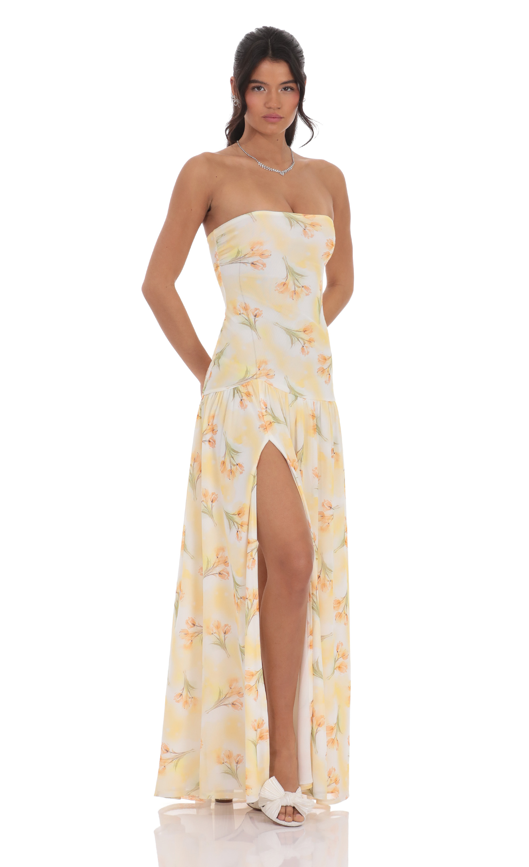 Floral Strapless Drop Waist Maxi Dress in Yellow-My Sky Diva