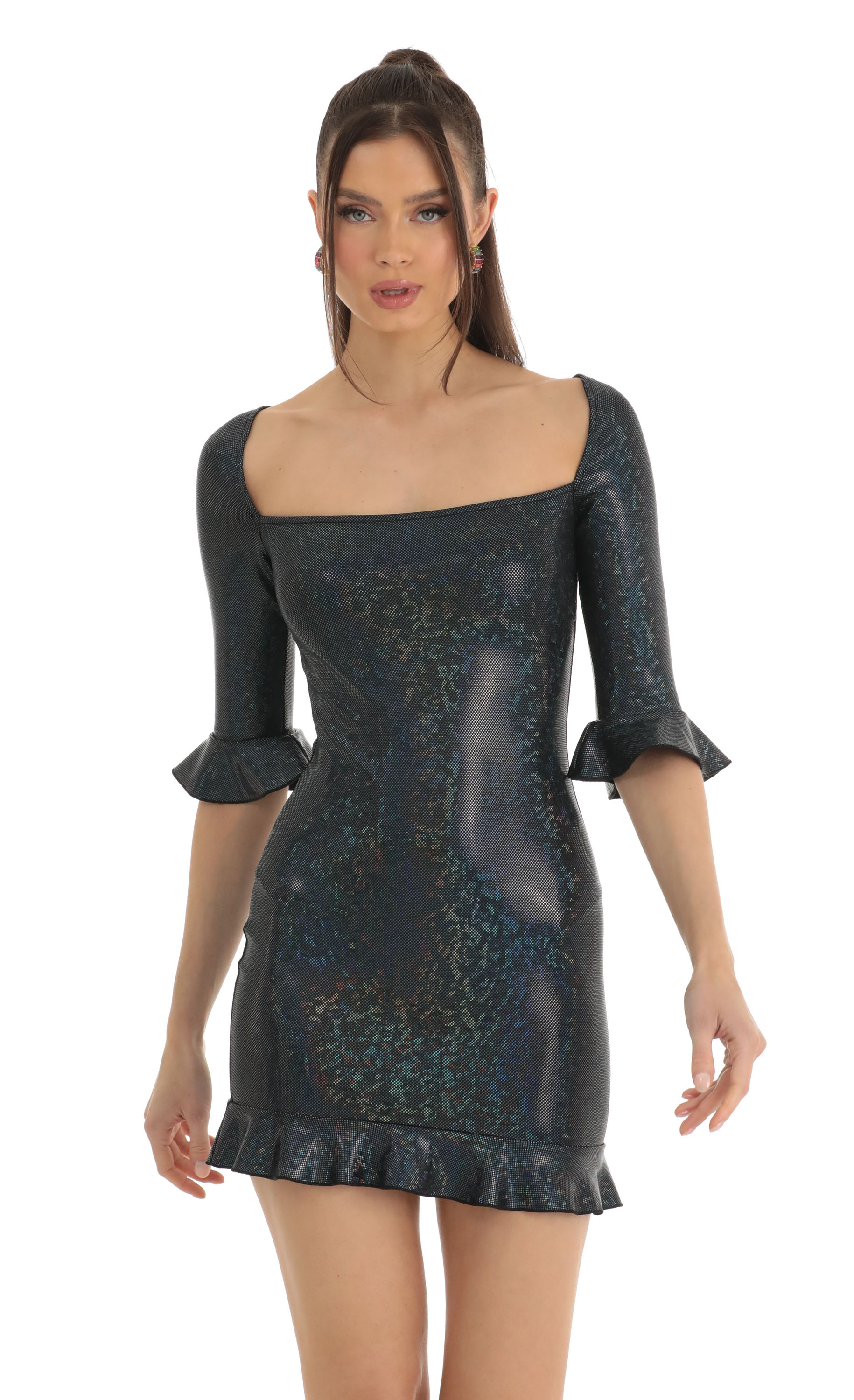 Jovi Holographic Bodycon Dress in Black Multi-My Sky Diva