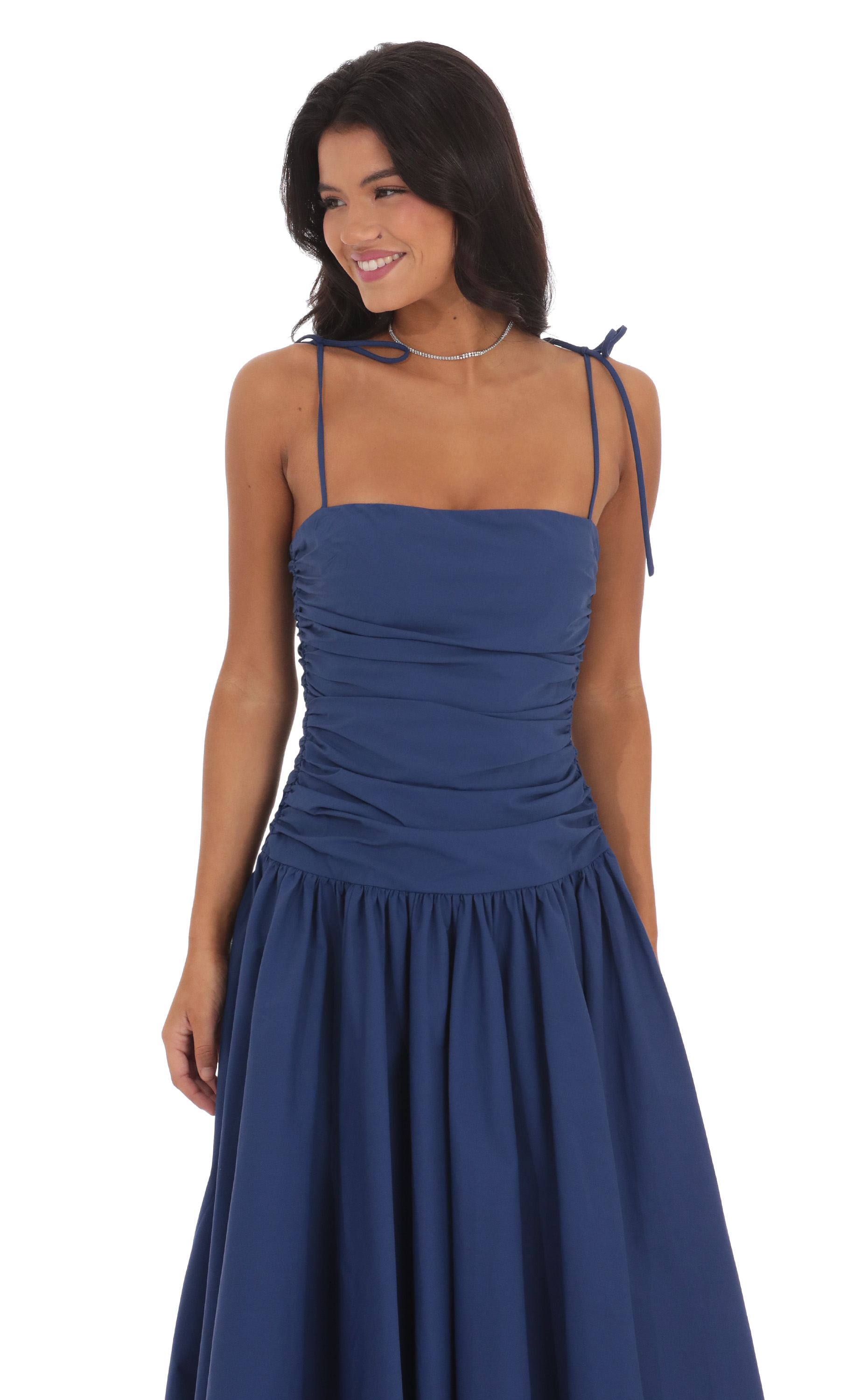 Ruched Square Neck Midi Dress in Navy-My Sky Diva