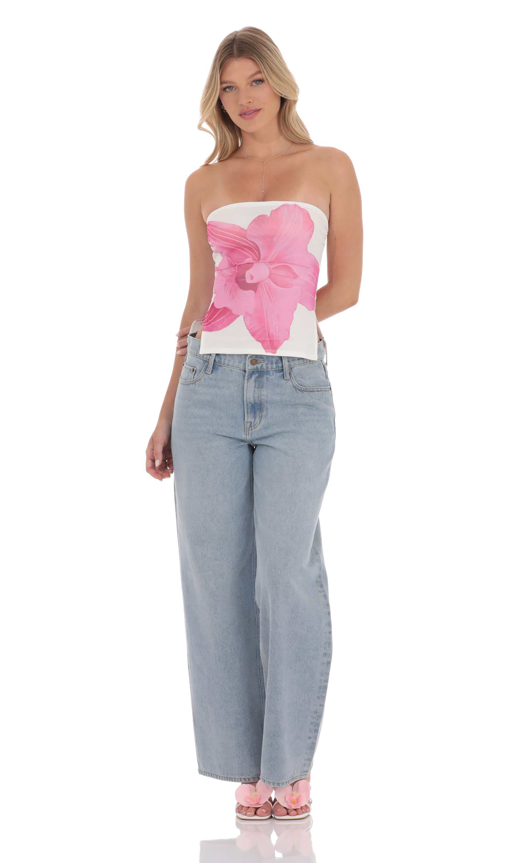 Mesh Floral Slit Top in White-My Sky Diva