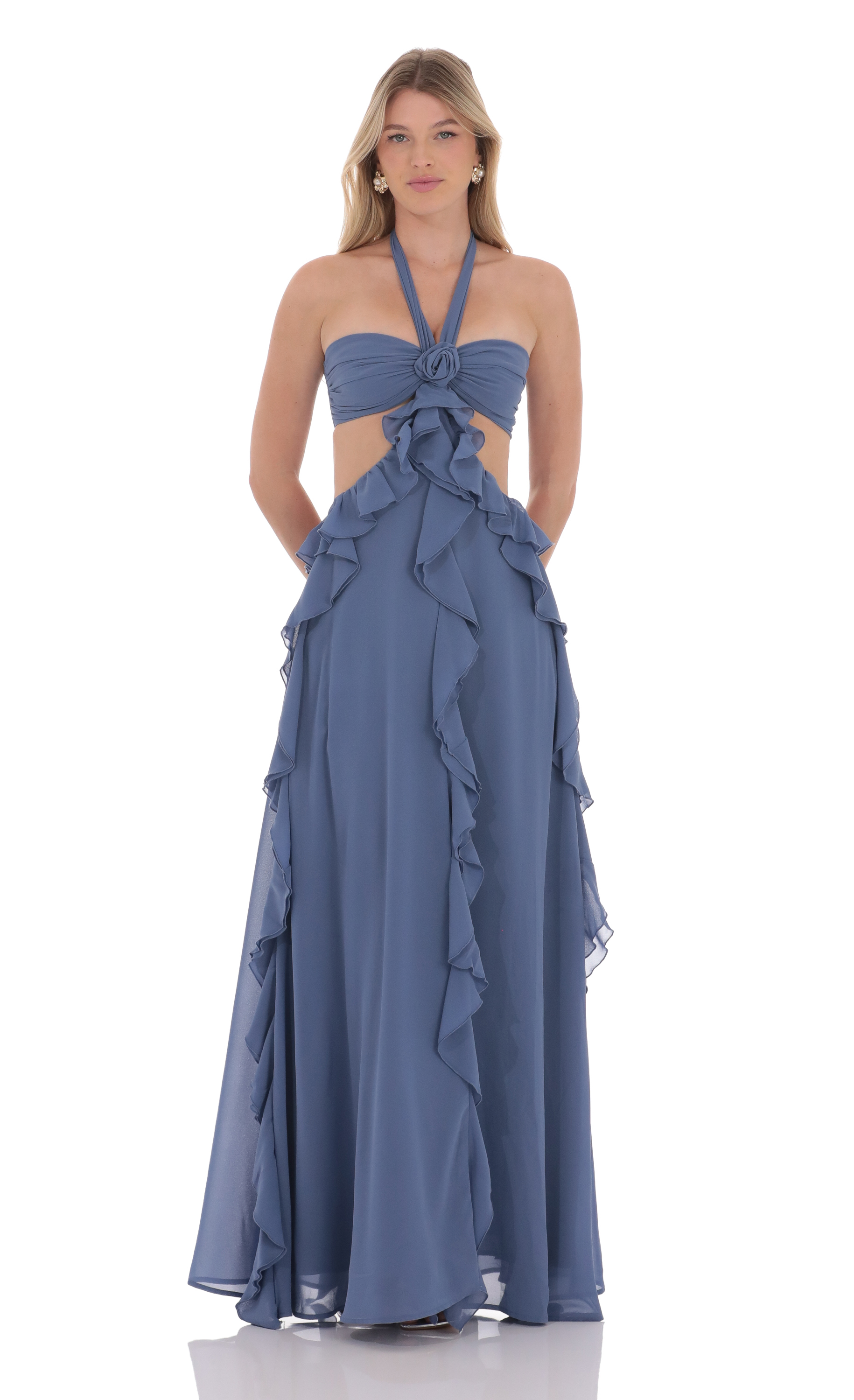Chiffon Cutout Ruffle Maxi Dress in Blue-My Sky Diva