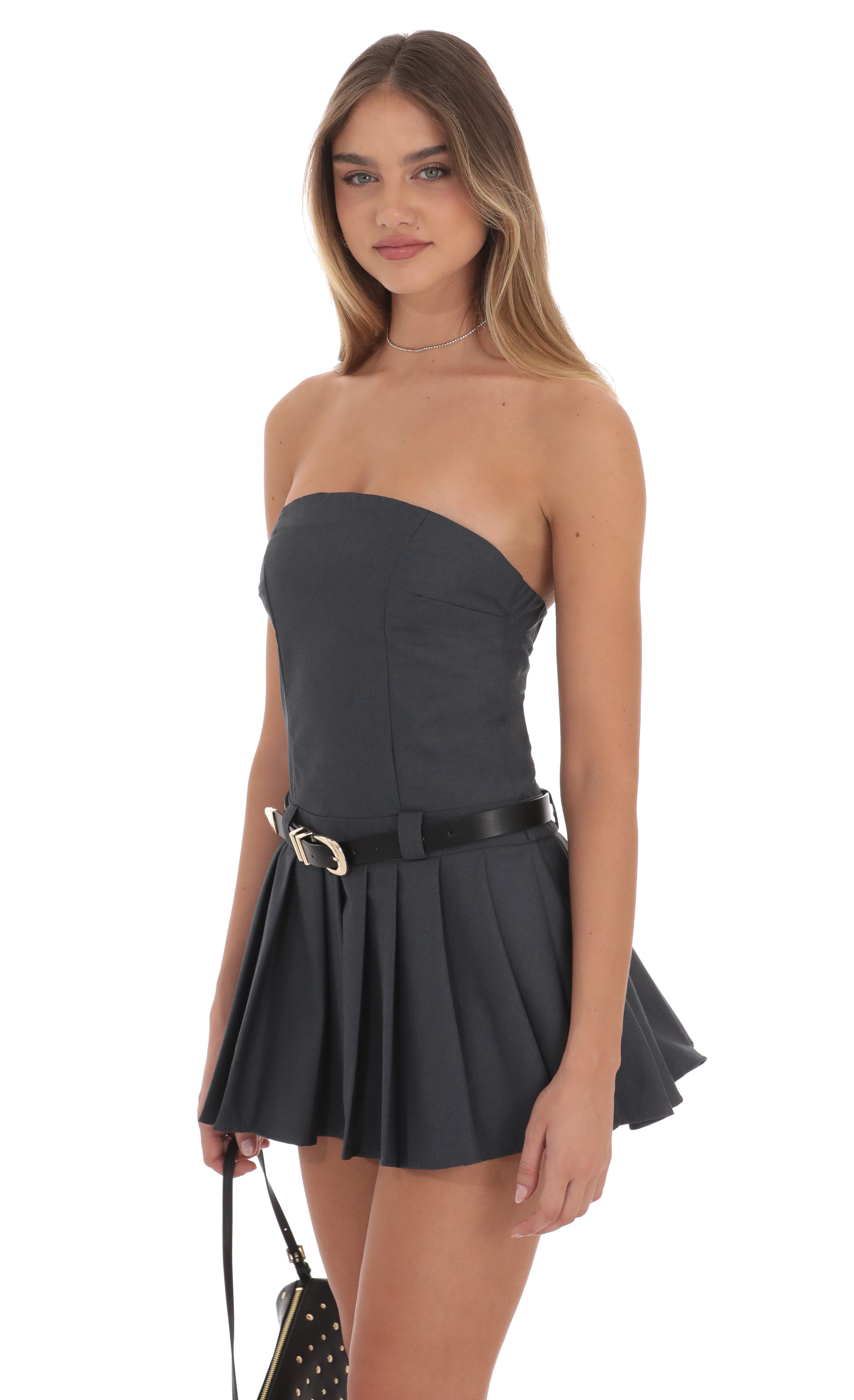 Strapless Pleated Dress in Grey-My Sky Diva