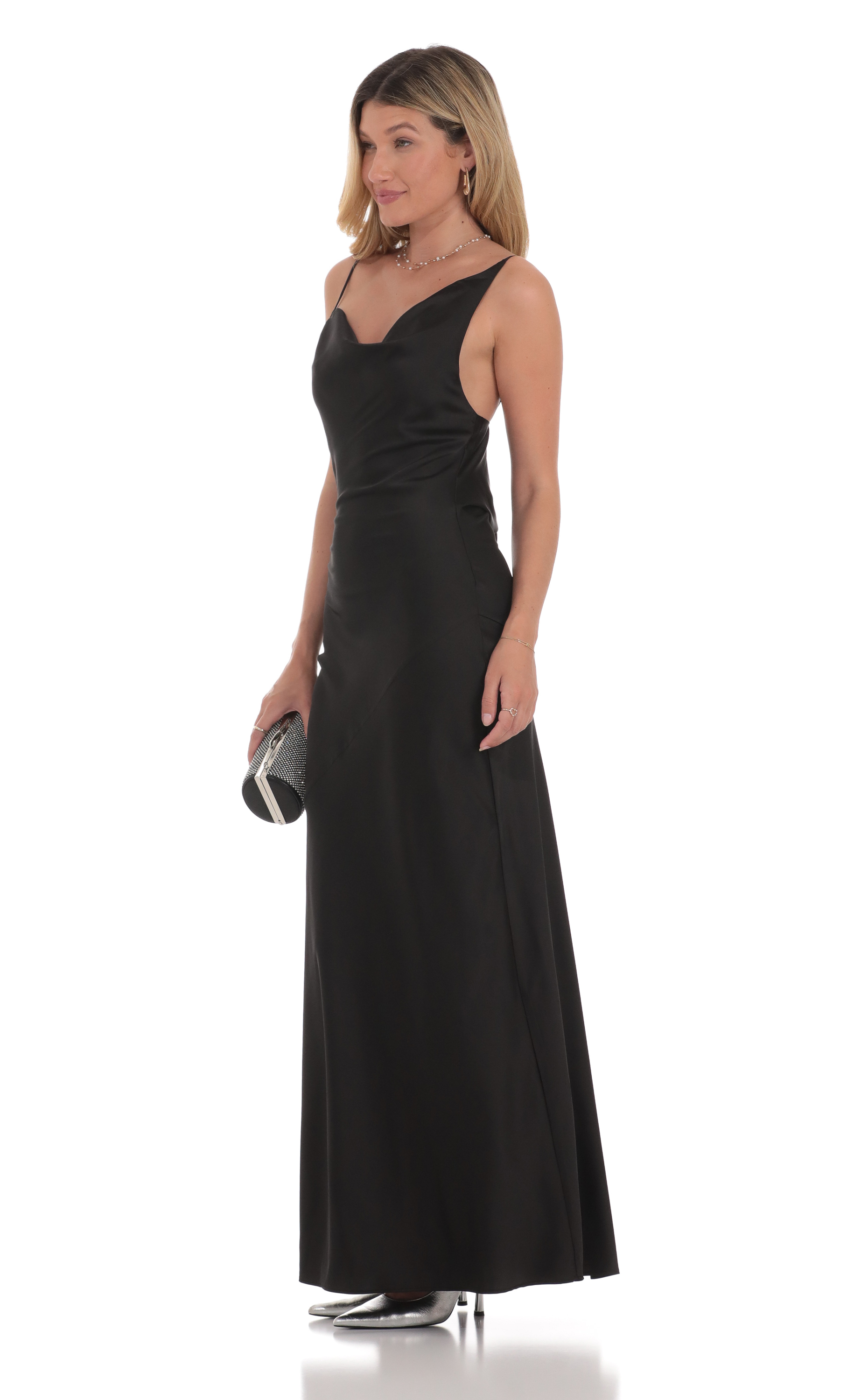 Satin Asymmetrical Cowl Neck Maxi Dress in Black-My Sky Diva