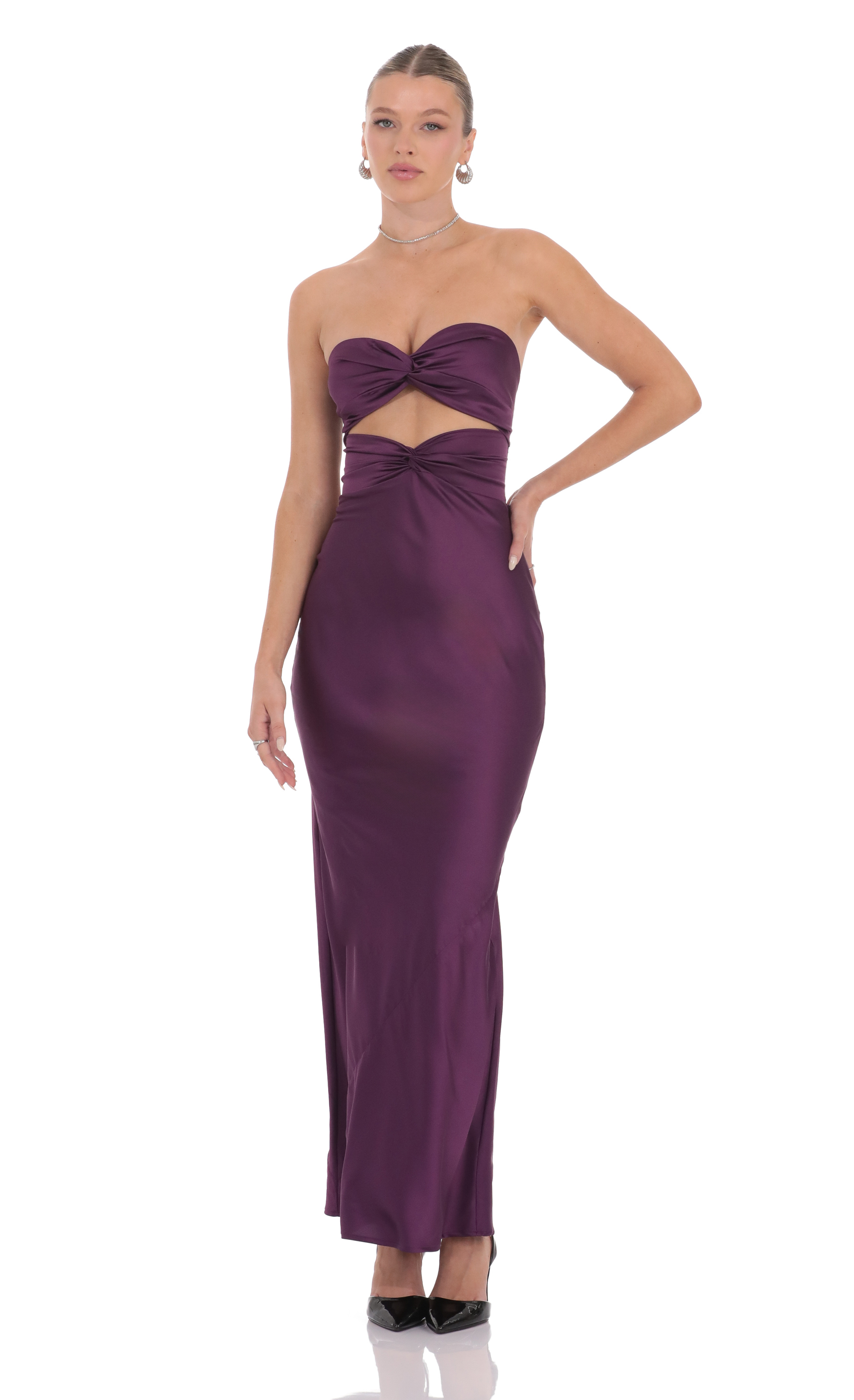 Satin Twist Cutout Maxi Dress in Purple-My Sky Diva
