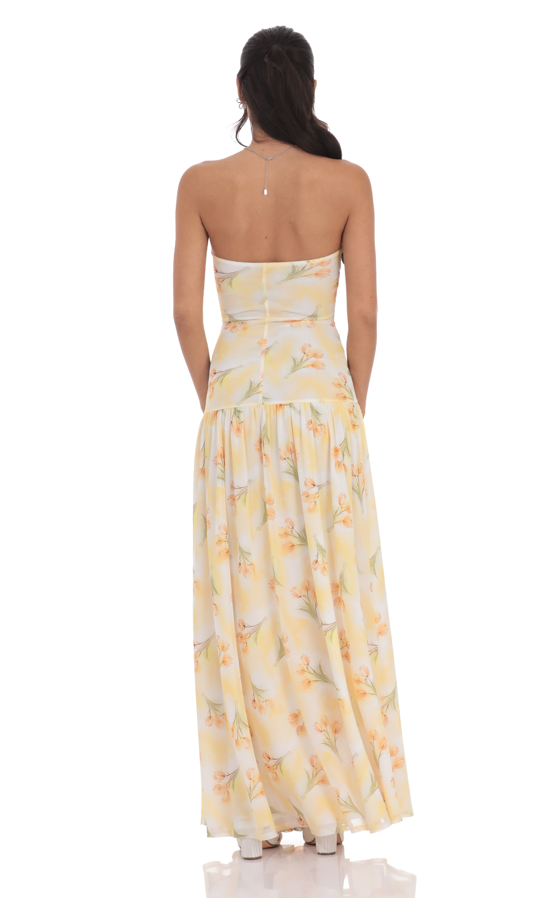 Floral Strapless Drop Waist Maxi Dress in Yellow-My Sky Diva