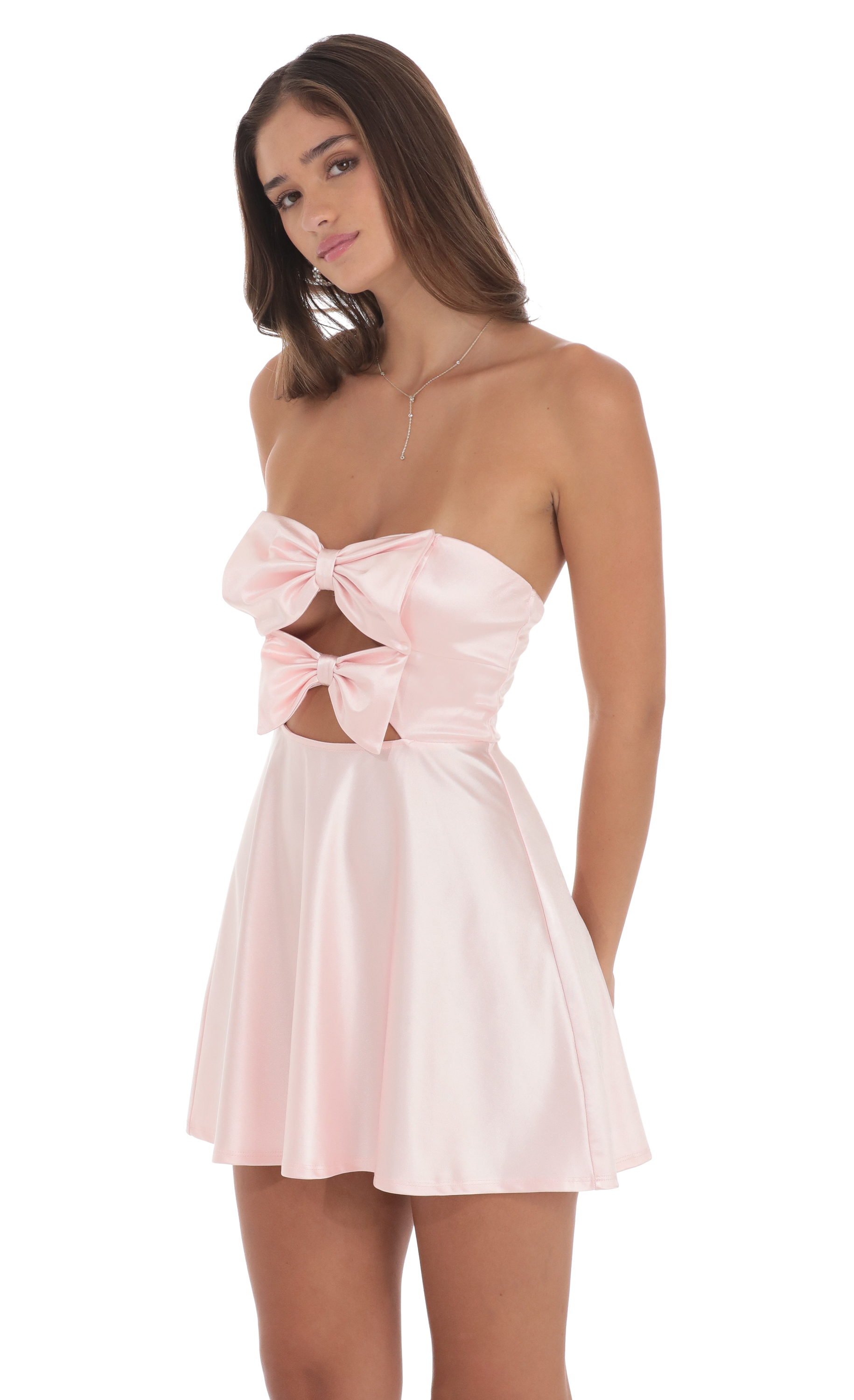Satin Double Bow Cutout Dress in Pink-My Sky Diva