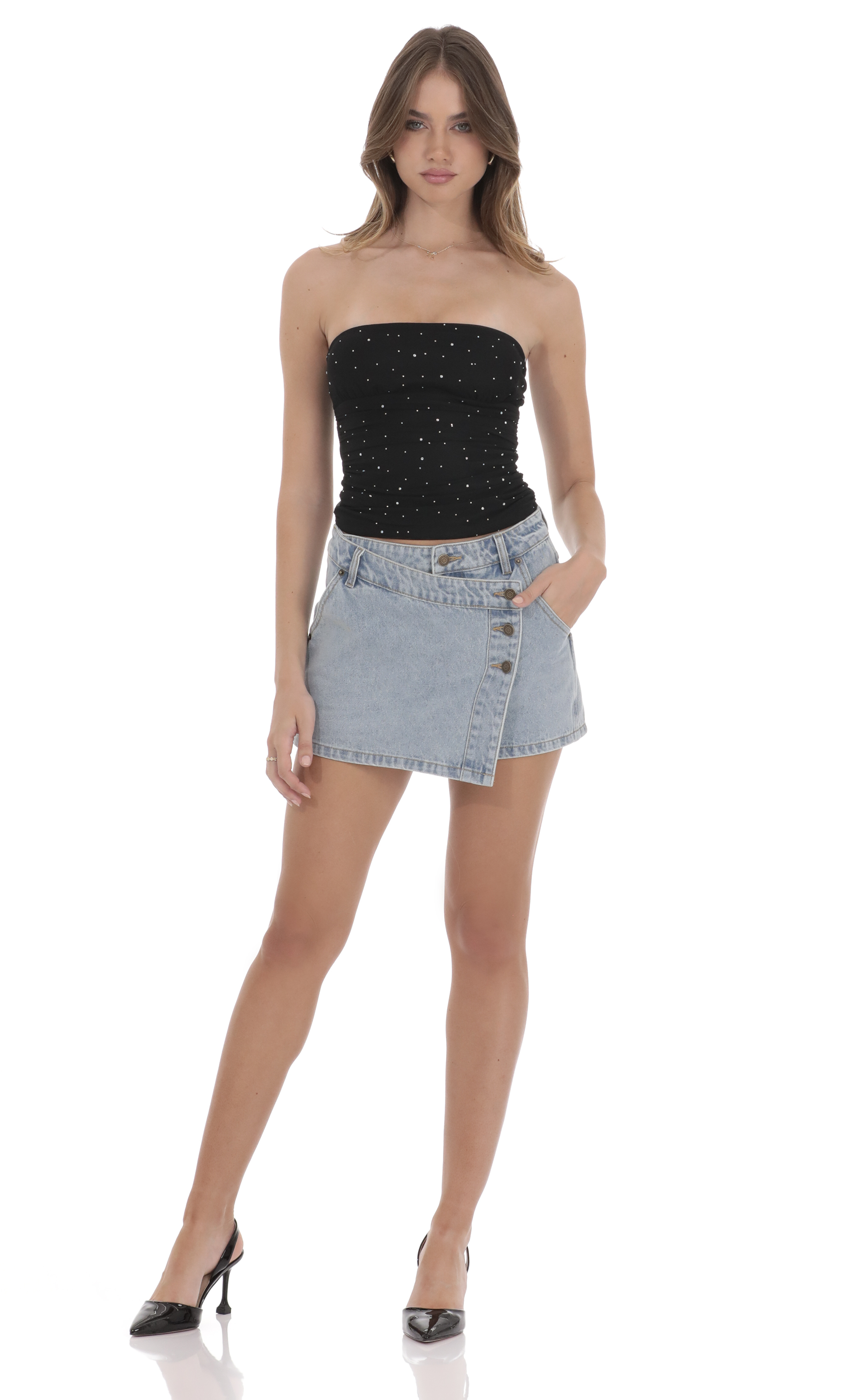 Overlap Button Denim Skirt in Light Blue-My Sky Diva