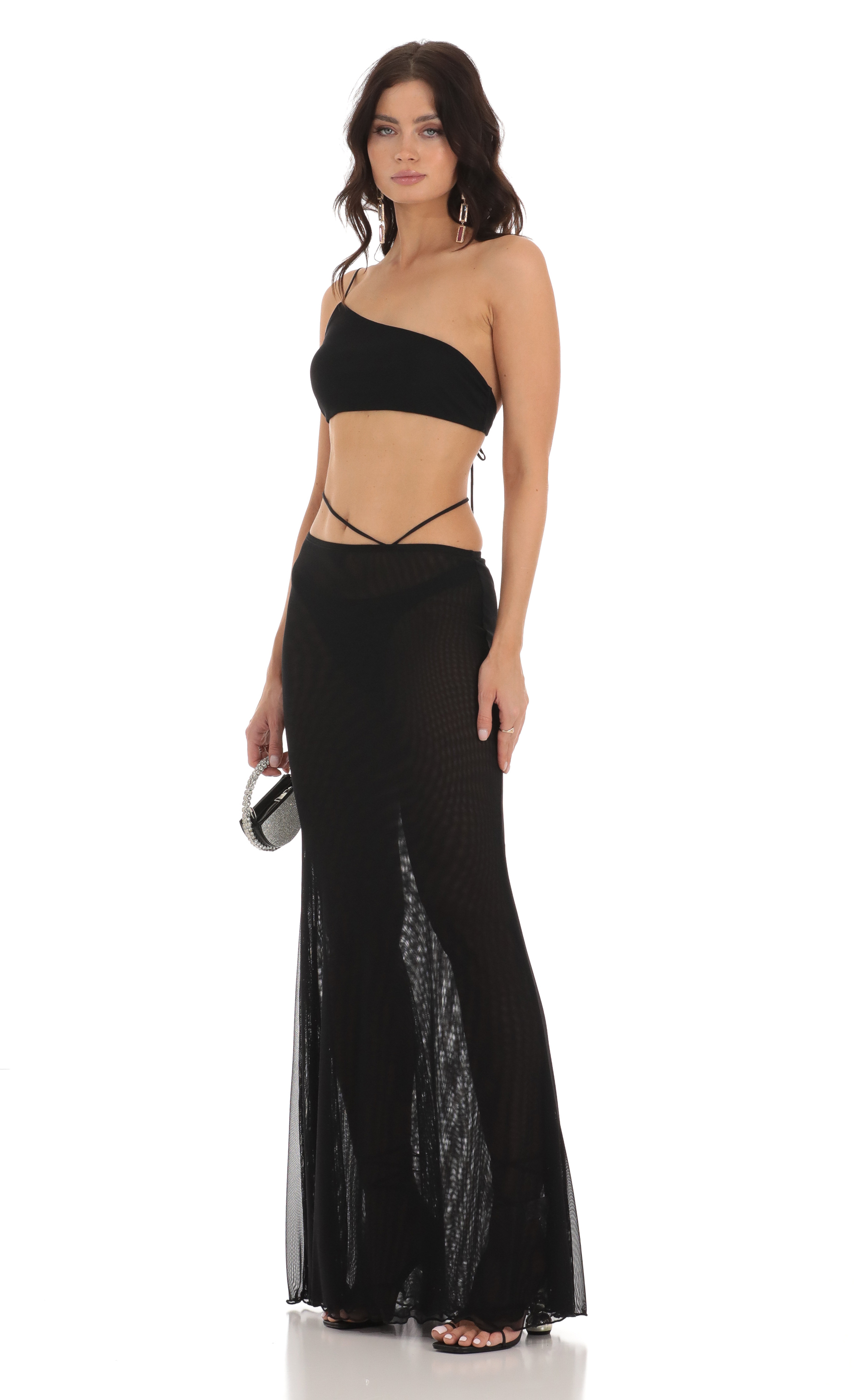 Mesh One Shoulder Two Piece Set in Black-My Sky Diva