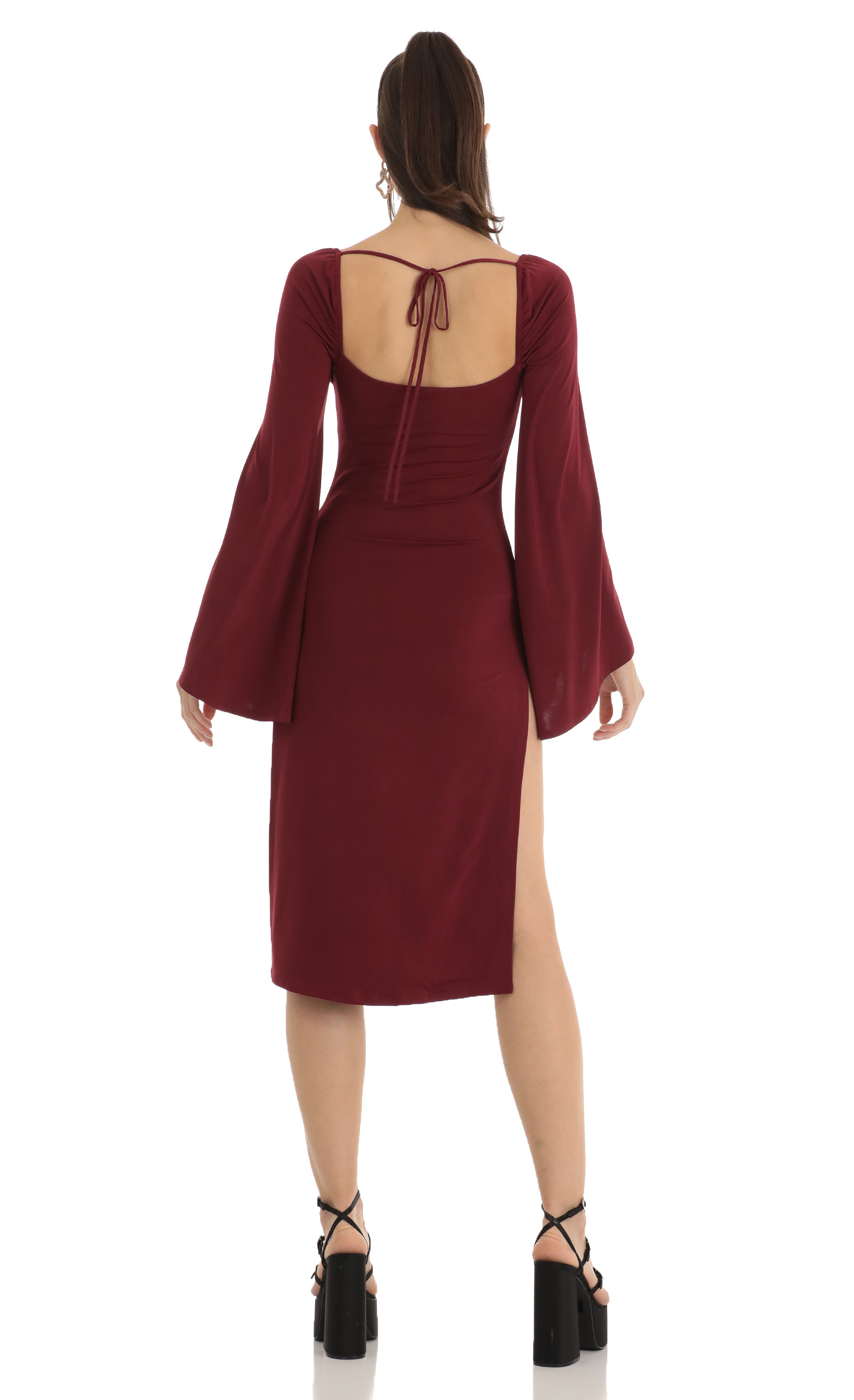 Flare Sleeve Midi Dress in Red-My Sky Diva