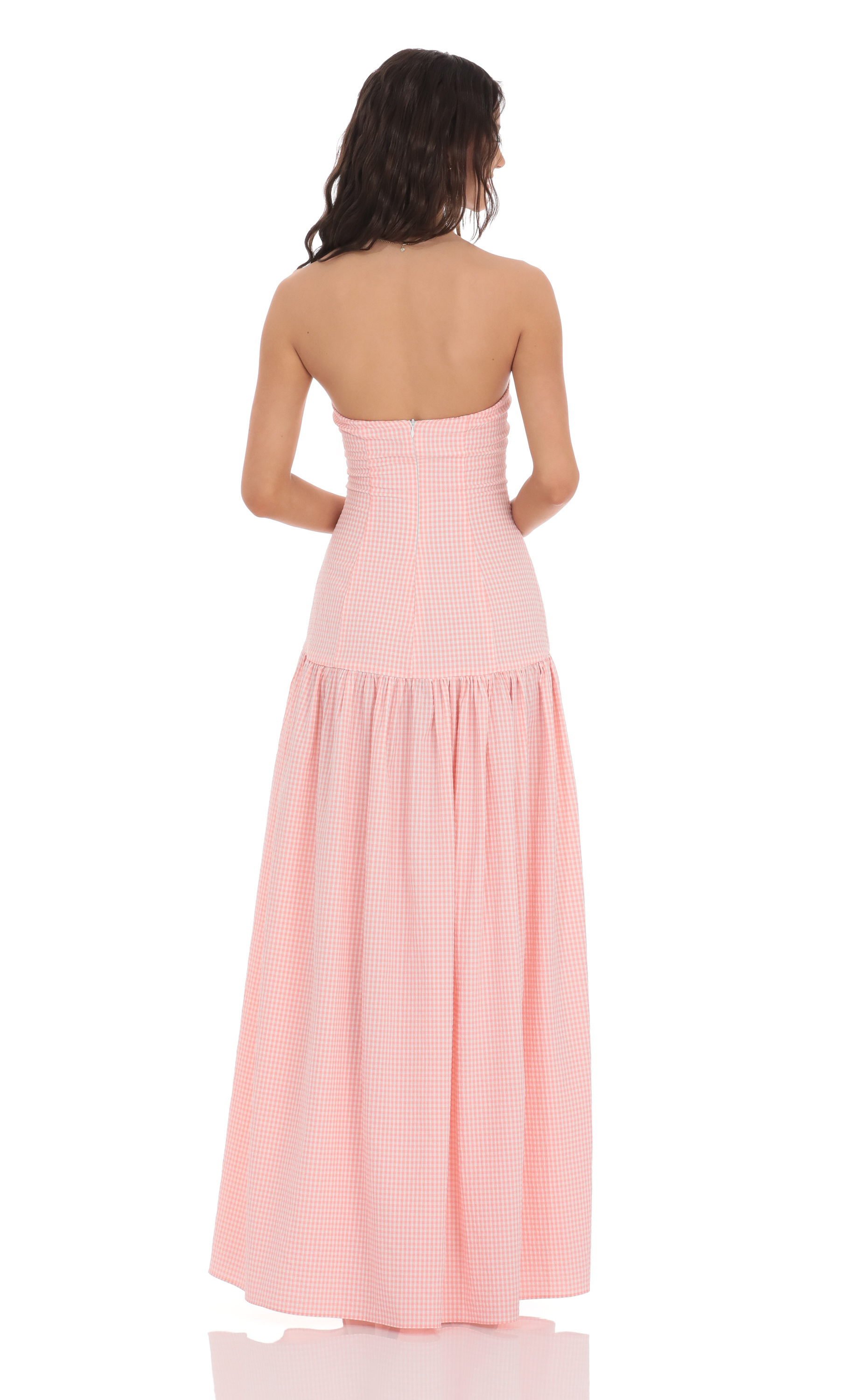 Gingham Strapless Drop Waist Maxi Dress in Pink-My Sky Diva