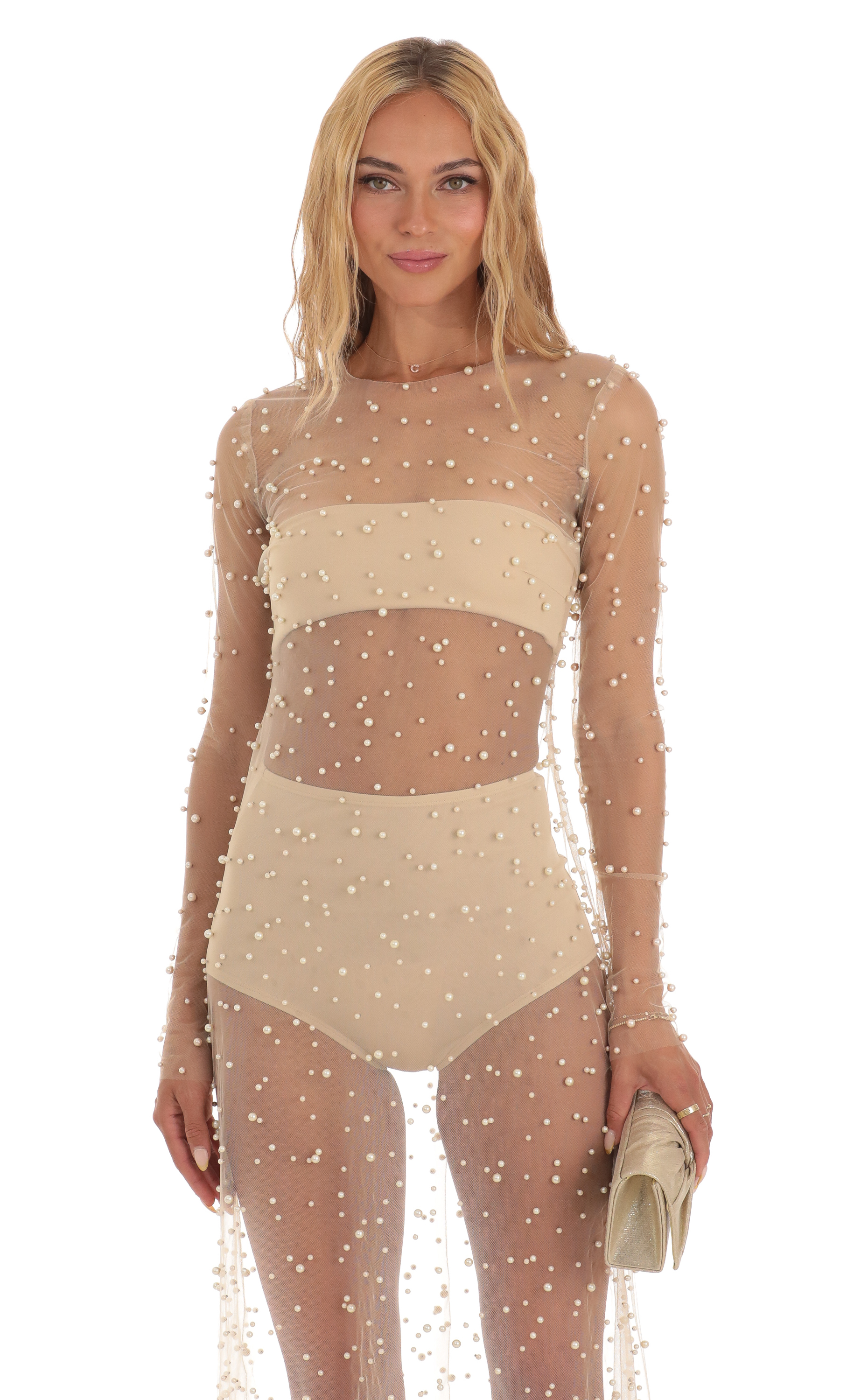 Pearl Mesh Dress in Beige-My Sky Diva