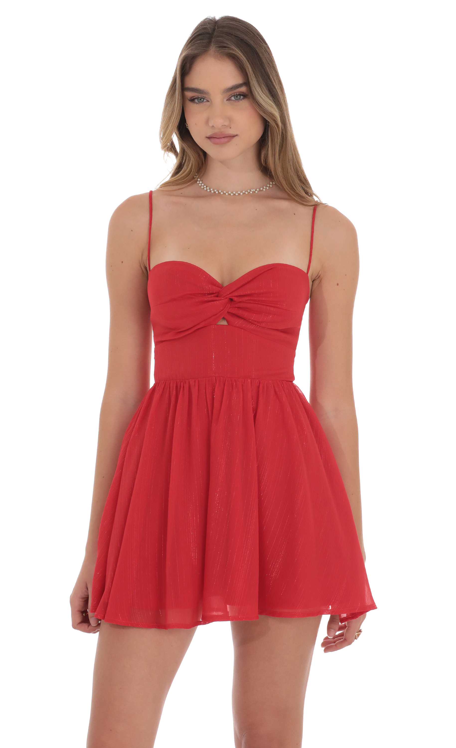 Shimmer Front Twist A-line Dress in Red-My Sky Diva
