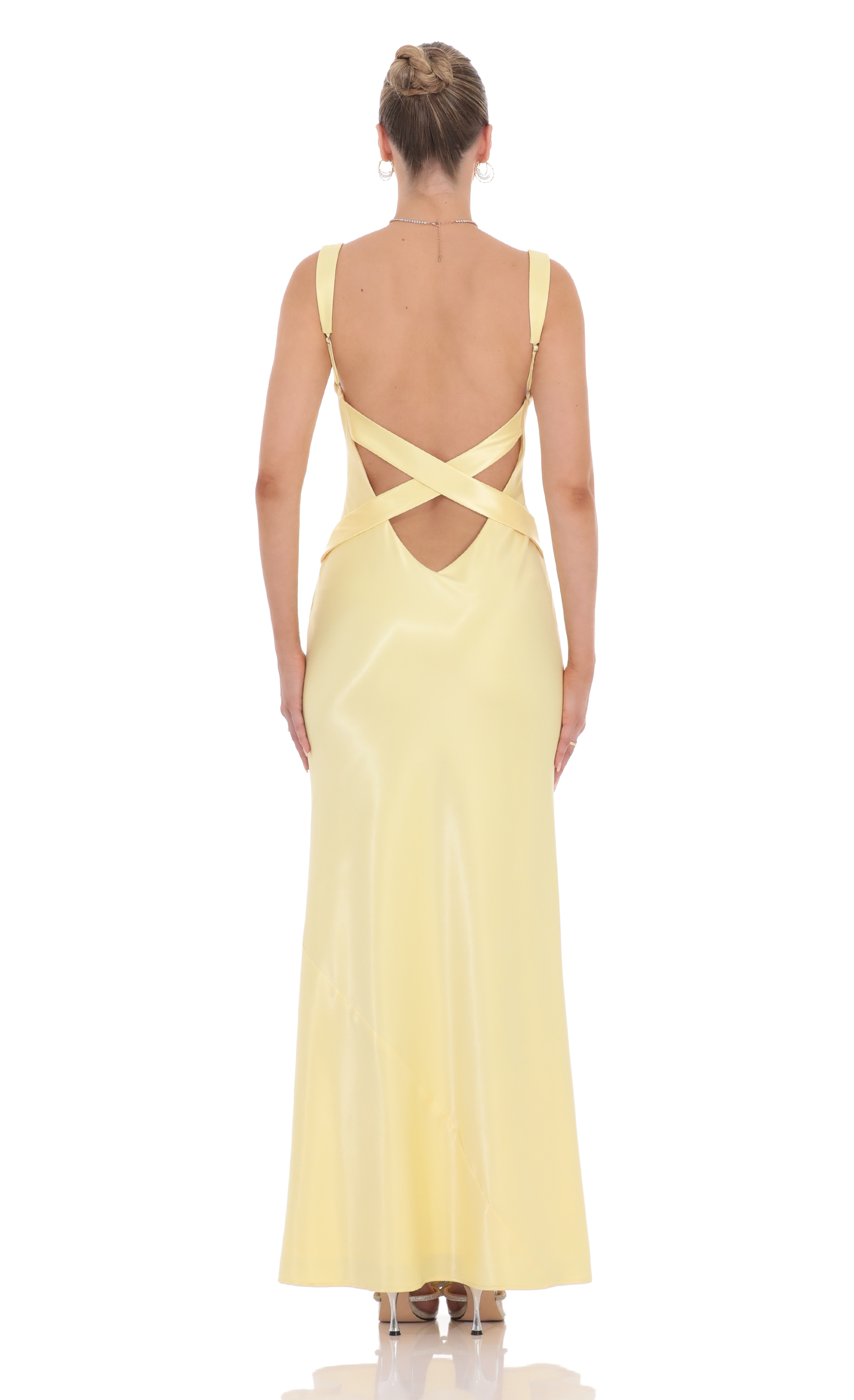 Satin Open Back Maxi Dress in Yellow-My Sky Diva